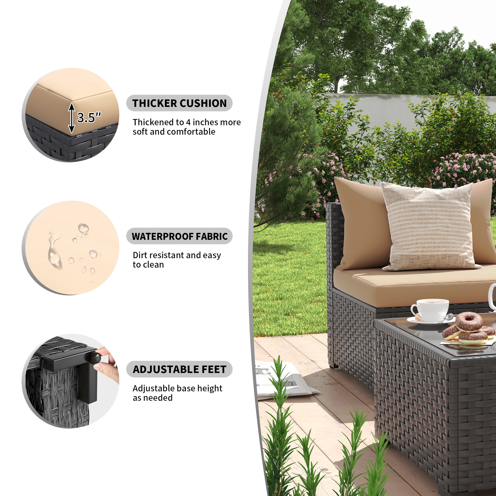 MRUAKA 7-Piece Outdoor Patio Conversation Set, PE Rattan Wicker Sectional Furniture with Cushions (Beige, 7-Piece Set) 6espu
