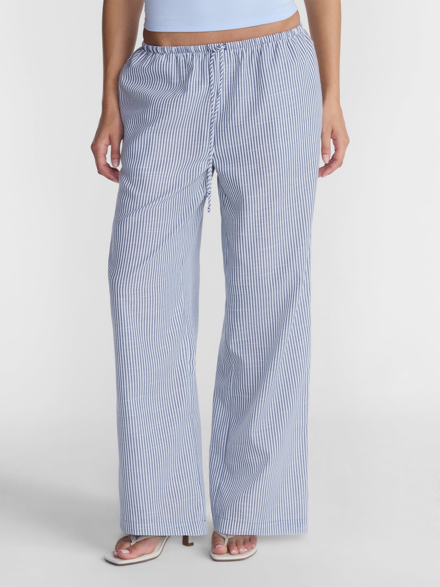 No Boundaries Women's Drawstring Beach Pants Wide Leg Casual Lounge Bottoms (Blue, Large) rhtda