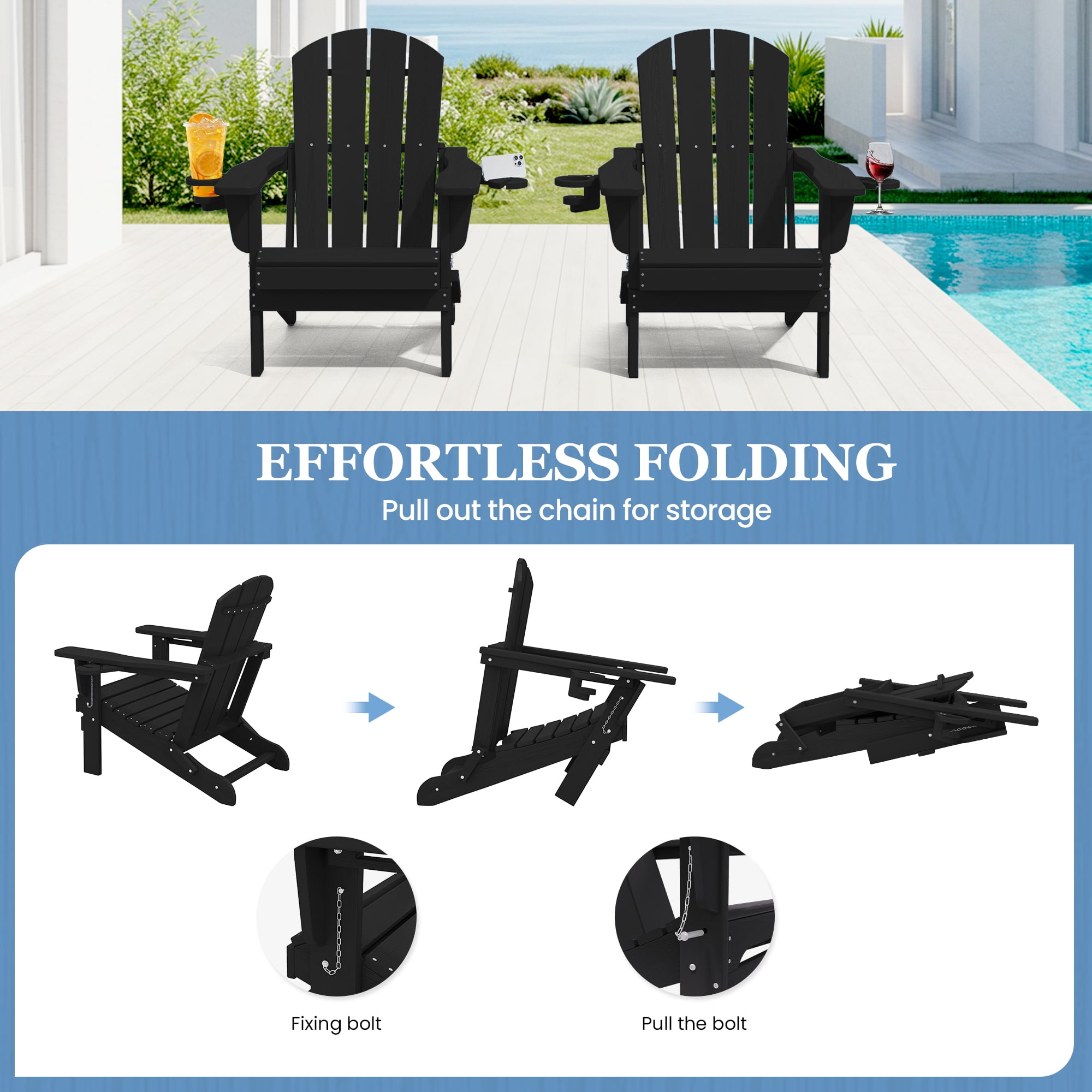 SERWALL Folding Adirondack Chair Set, All-Weather HDPE Patio Furniture with Cup & Phone Holders (Black, 32.5 in x 29.3 in x 35.8 in) ps3gb