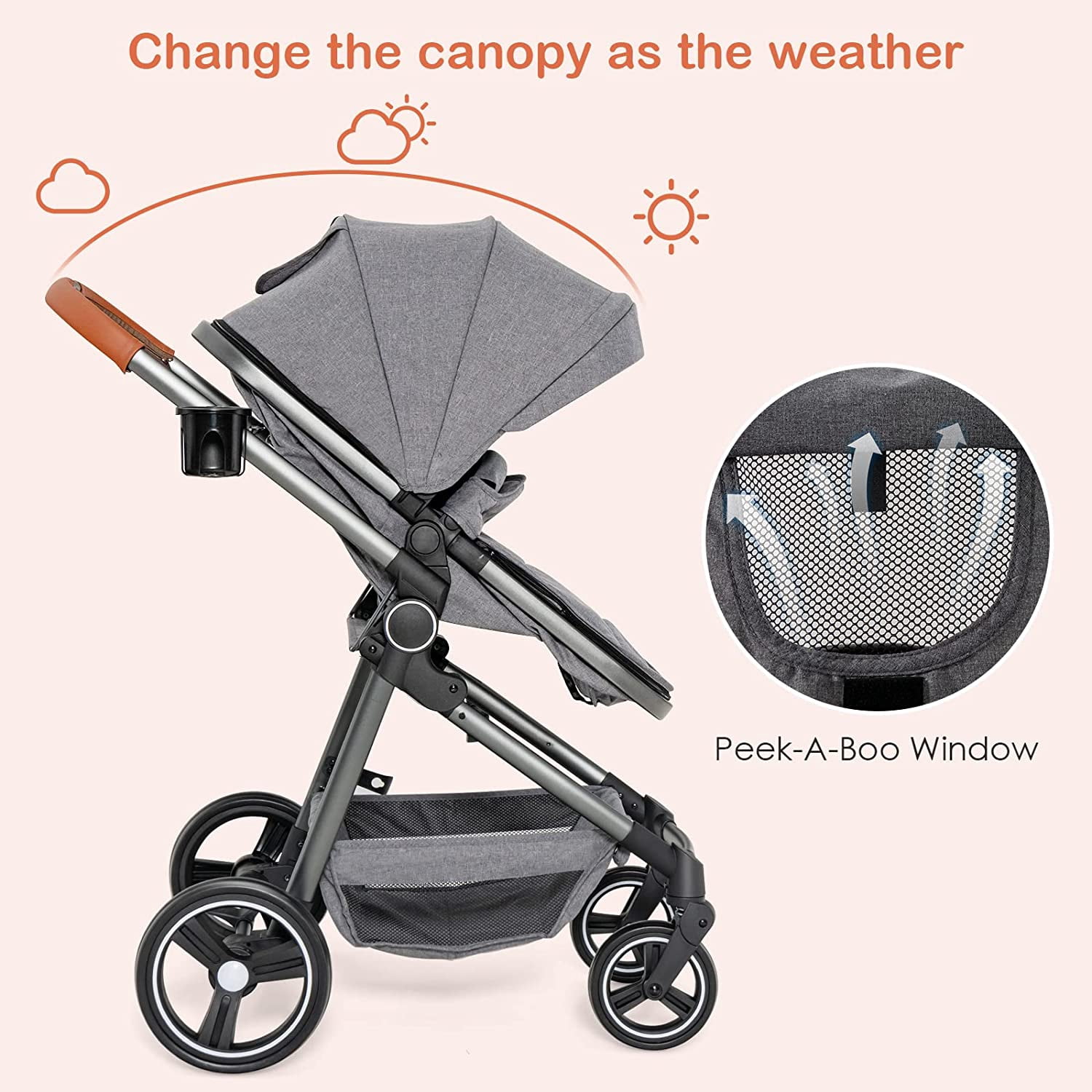 Olakids 2-in-1 Convertible Baby Stroller, High Landscape Reversible Pram with Adjustable Canopy and 5-Point Harness (Grey) tc6m1
