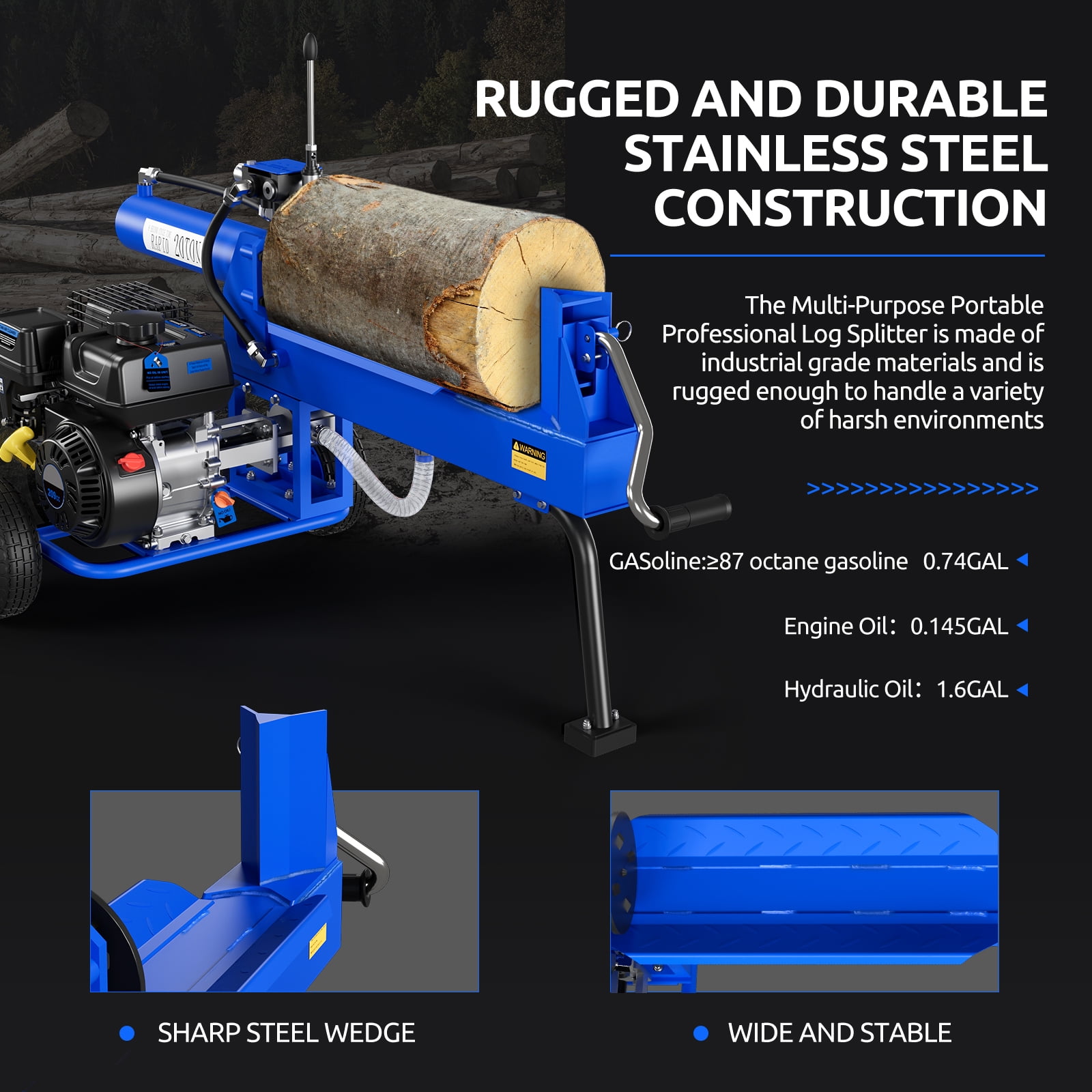 Efurden Gas Log Splitter with 7 HP Engine and 20 Ton Hydraulic Ram (Blue, 20 in L x 16 in D) 6hre3