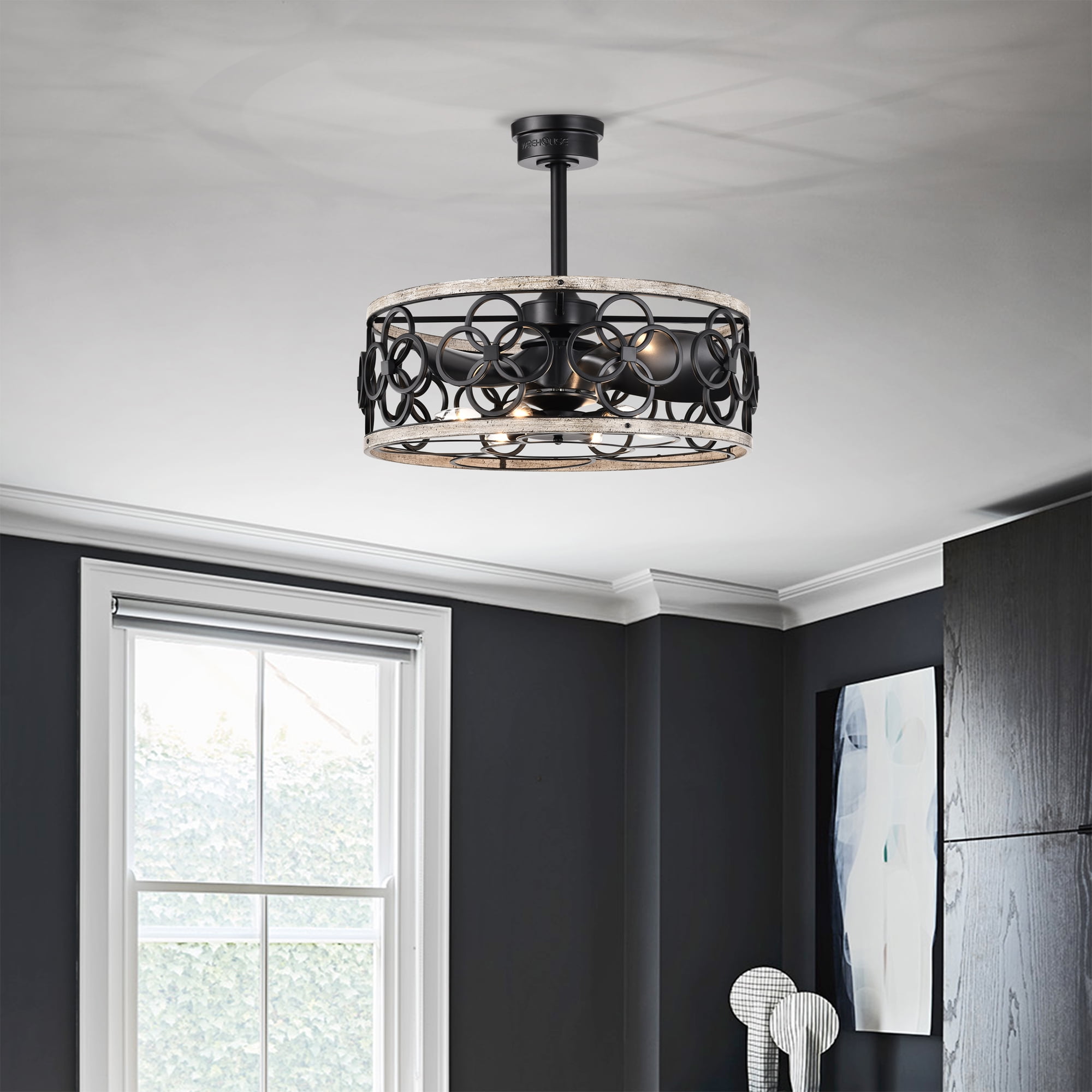 Warehouse of Tiffany Luo 6-Light Indoor Ceiling Fan with Light Kit (Matte Black and Faux Wood Grain, 25 in.) 5sku8