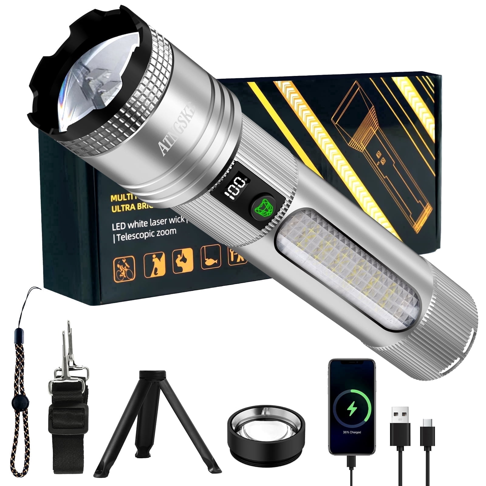 TEENHAO Rechargeable LED Flashlight, High Lumen Zoomable Tactical Light, Waterproof with 9 Modes (Silver, 1 Pack) 7kbec