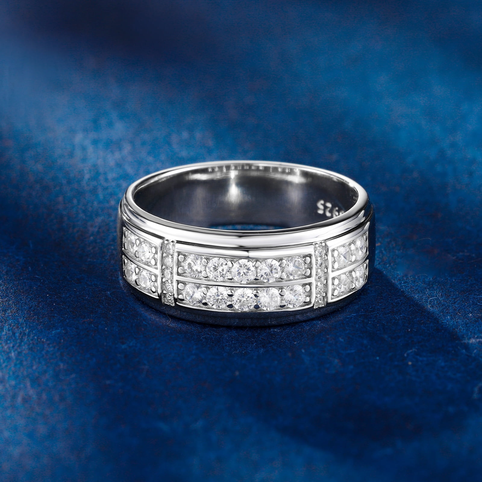 SFTING Men Wedding Band 925 Sterling Silver 2 Row Round Cut 5A CZ Promise Ring (Silver, Size 9) 8yw2r