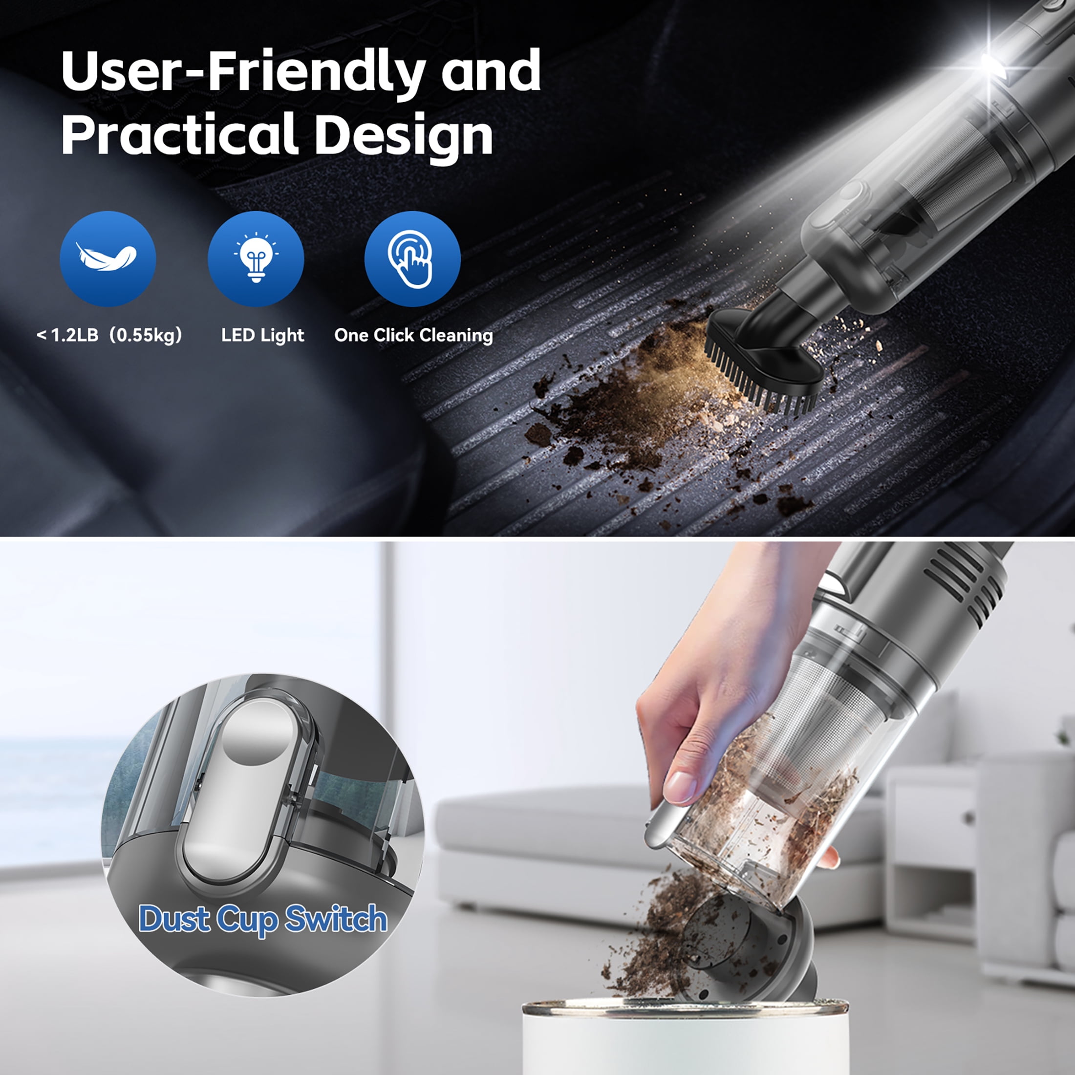 Simwal SV01 Cordless Handheld Vacuum, Powerful Suction Portable Car Cleaner with LED Light and HEPA Filter (Grey, 12V) 8yjoy