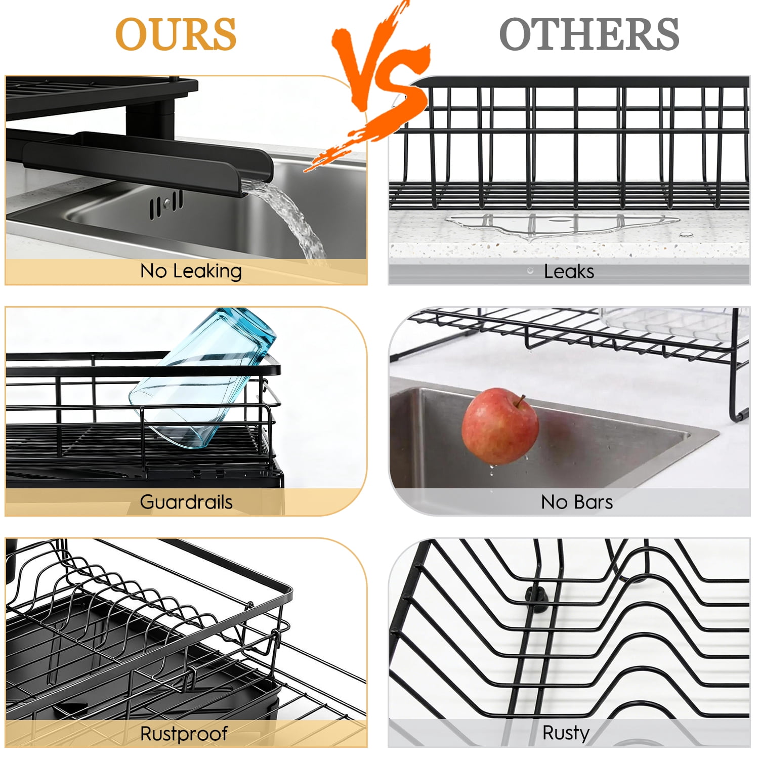 AOKIWO Extendable Dish Drying Rack, Large Capacity Kitchen Counter Drainer with Utensil Holder (Black, 11 in to 21.7 in) gbbk8