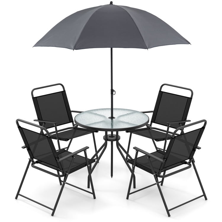 Spaco 6-Piece Patio Dining Set with Umbrella and Folding Chairs (Grey, 6-Piece Set) 475pc