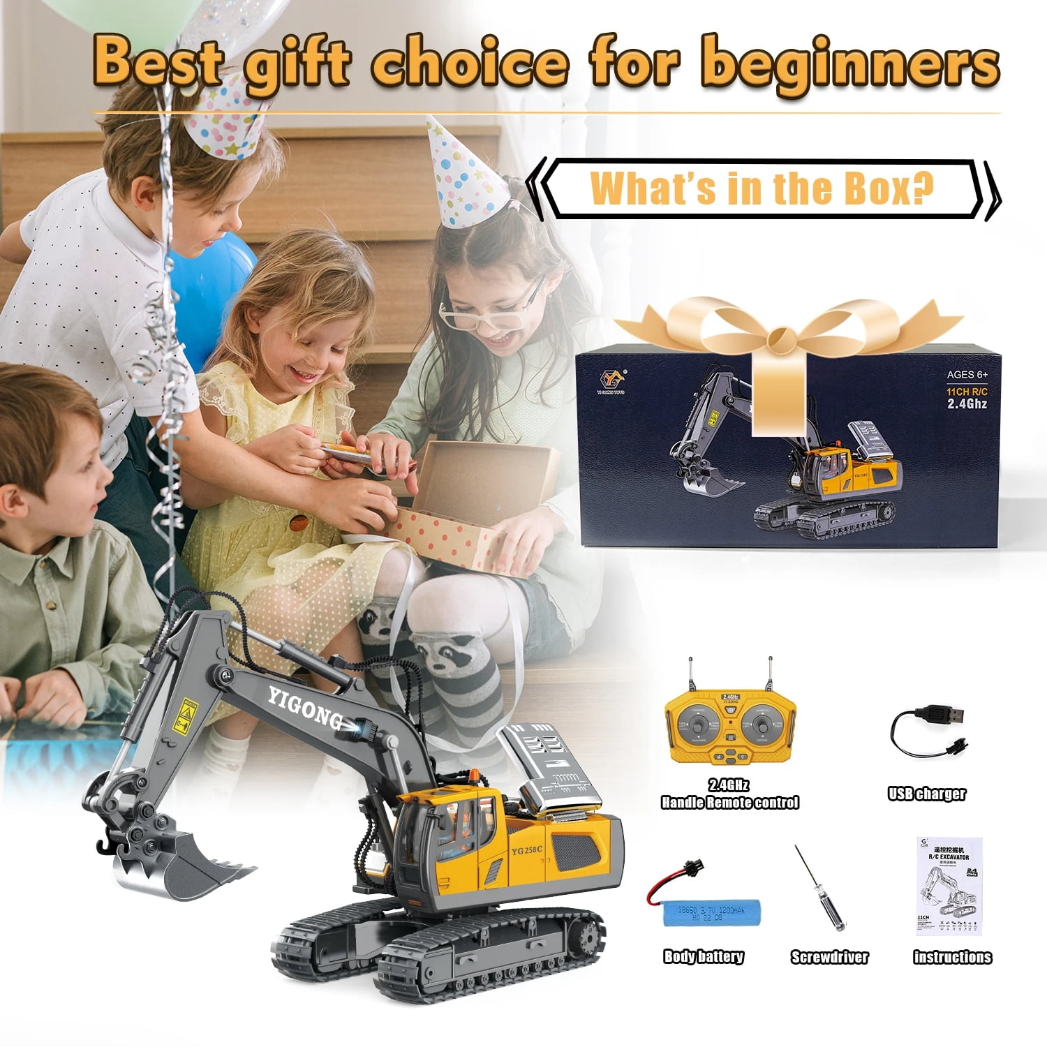 TZDZRC Remote Control Excavator, 11 Channel RC Construction Vehicle, Fully Functional Alloy Bucket (Yellow, 1/20 Scale) hynbb