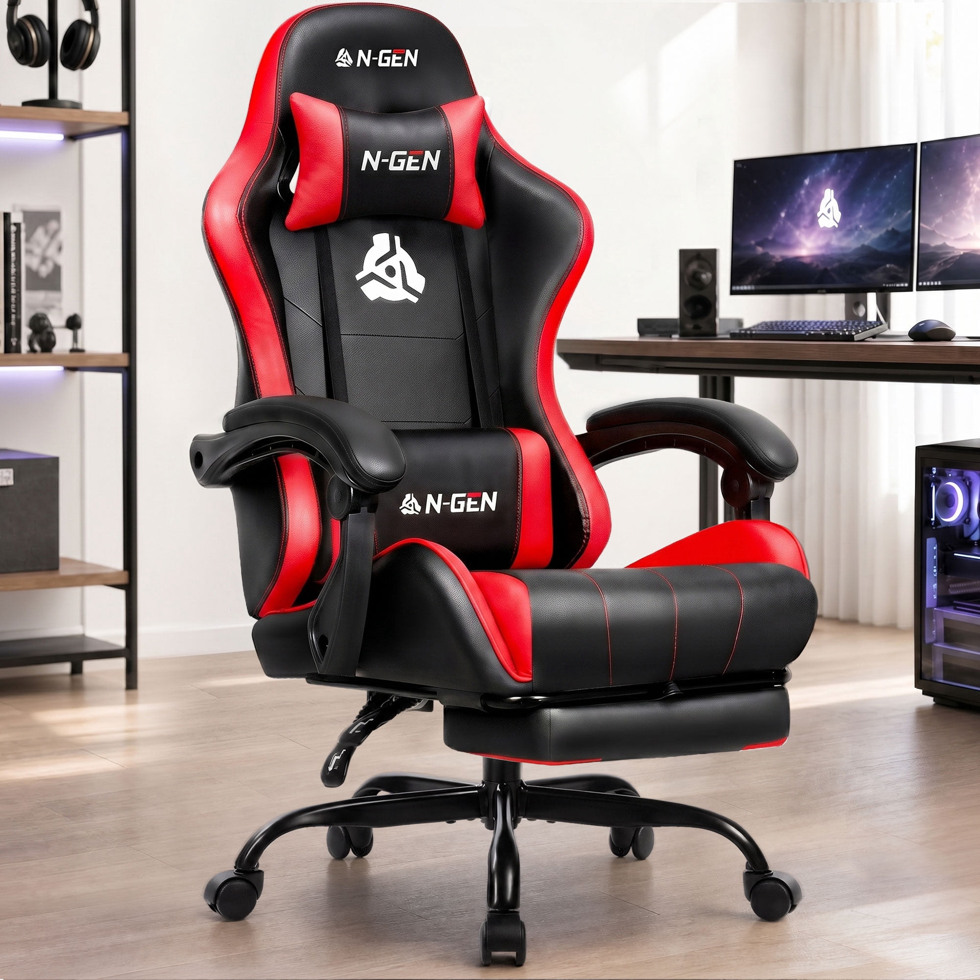 CELTOSS Ergonomic Gaming Chair with Footrest and Lumbar Support (Red, 300 lb Capacity) ehsjc