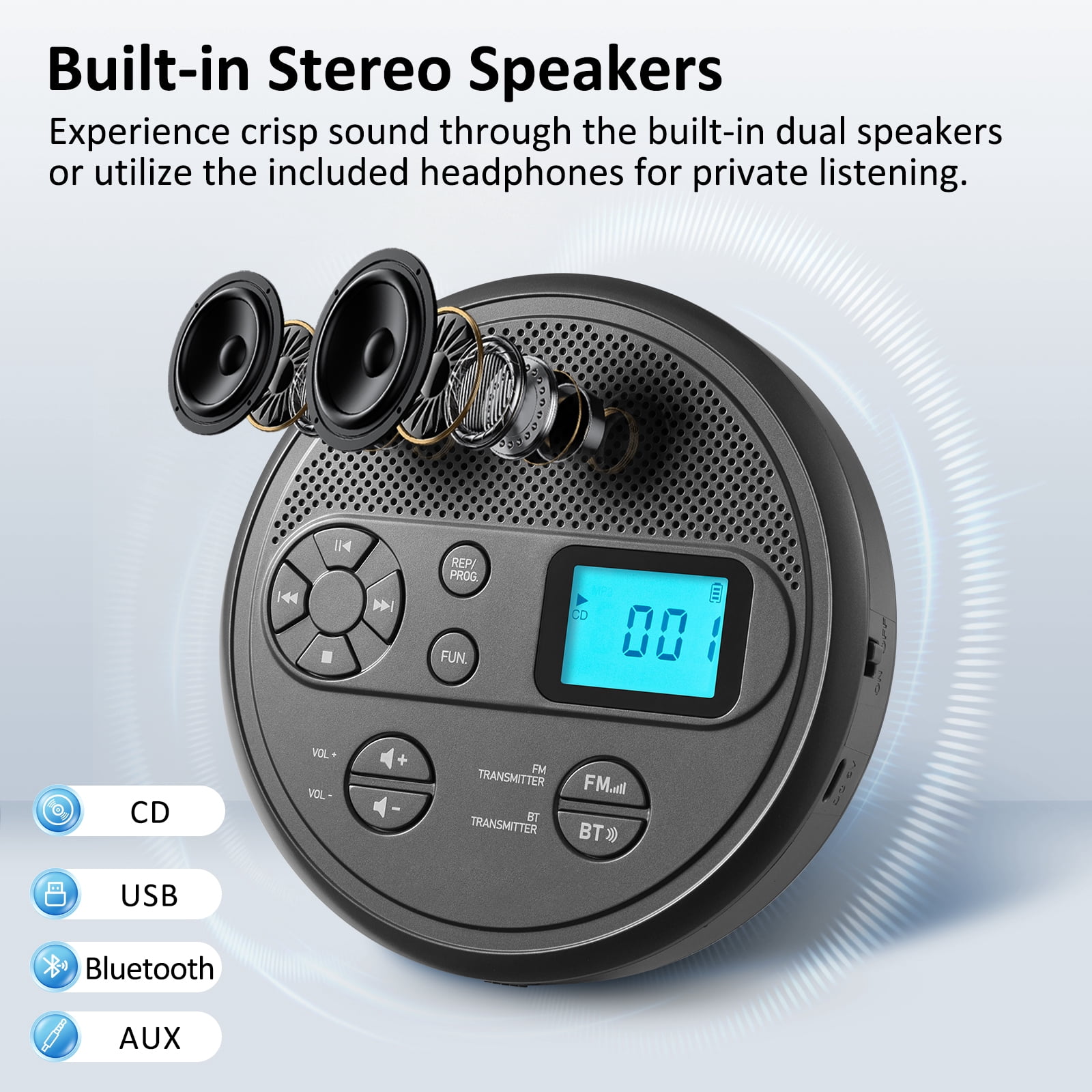 Generic Portable CD Player with Bluetooth and FM Transmitter (Grey, 1 Unit) z11xh