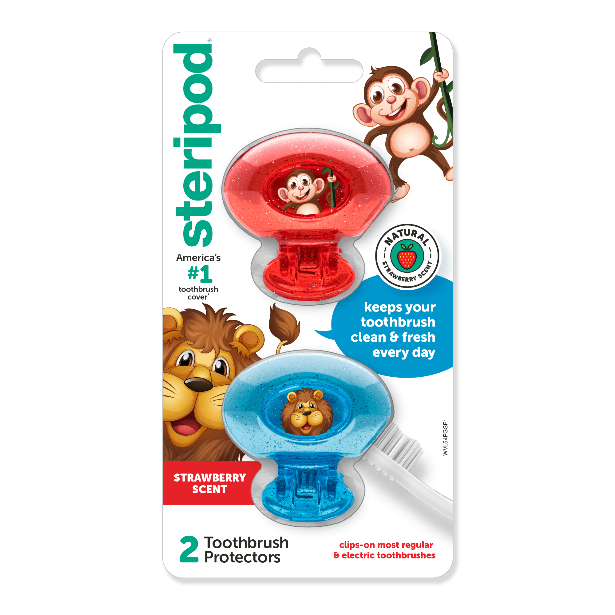Steripod Clip-on Toothbrush Protector for Kids, Fresh Scented Bristle Shield (Red and Blue Glitter, 2 Count) 1ygsm