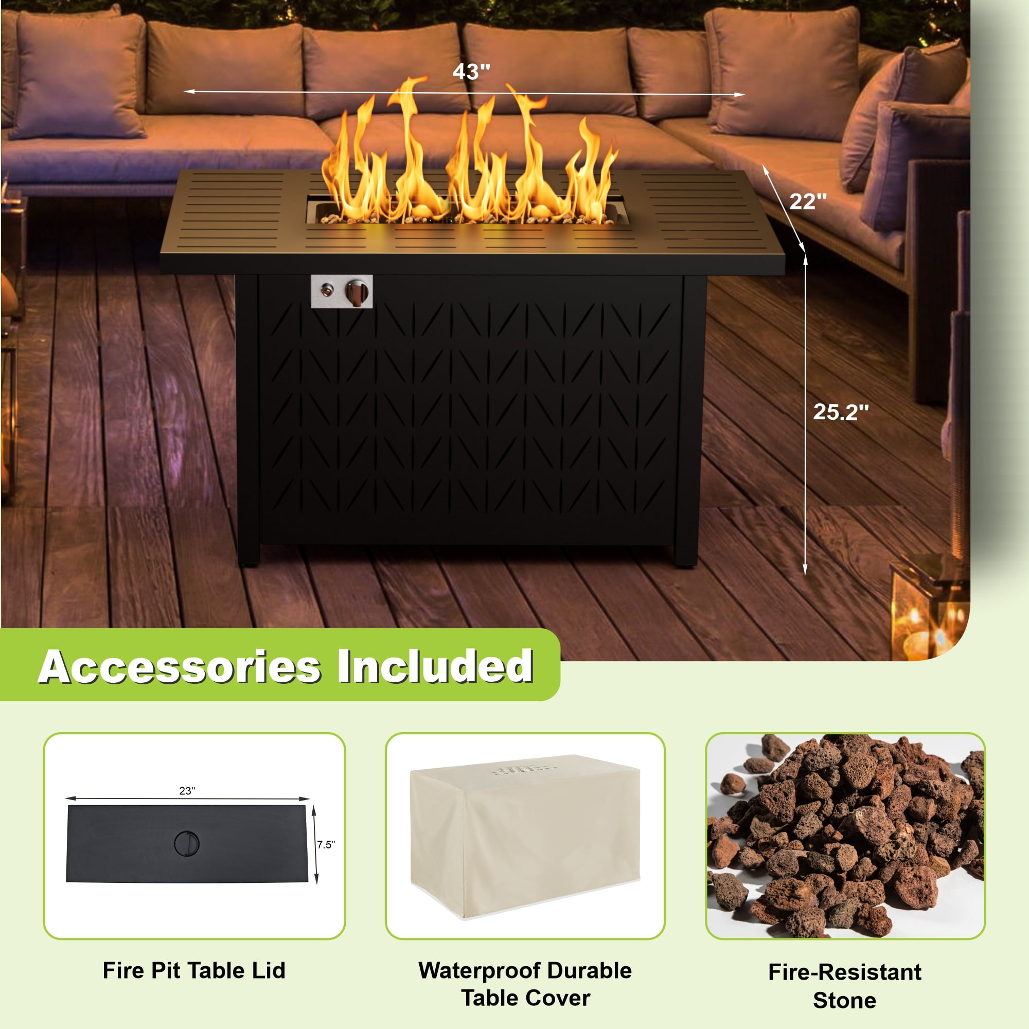 Vornel 43 in Rectangular Propane Fire Pit Table, 50000 BTU 2-in-1 Gas Fire Table with Lid and Cover (Black, 43 in) yeym8