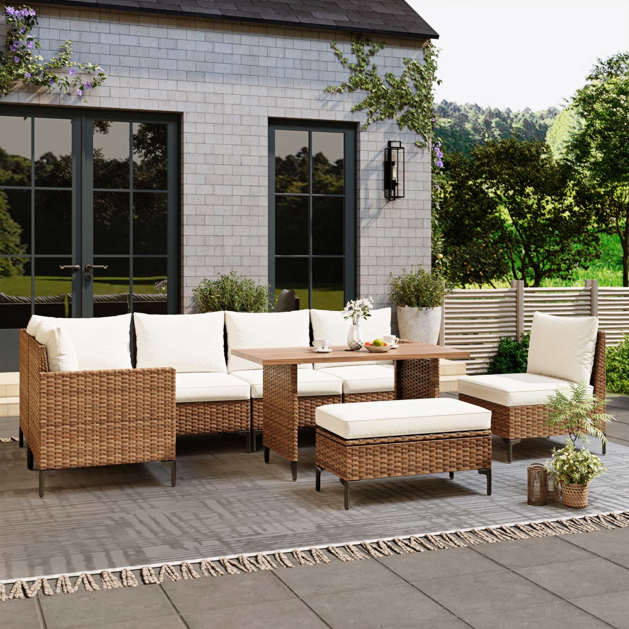 Lausaint Home 8-Piece Patio Furniture Set, Outdoor Wicker Conversation Set with Adjustable Backrest and Storage Ottoman (Beige, 8-Piece) ba36w