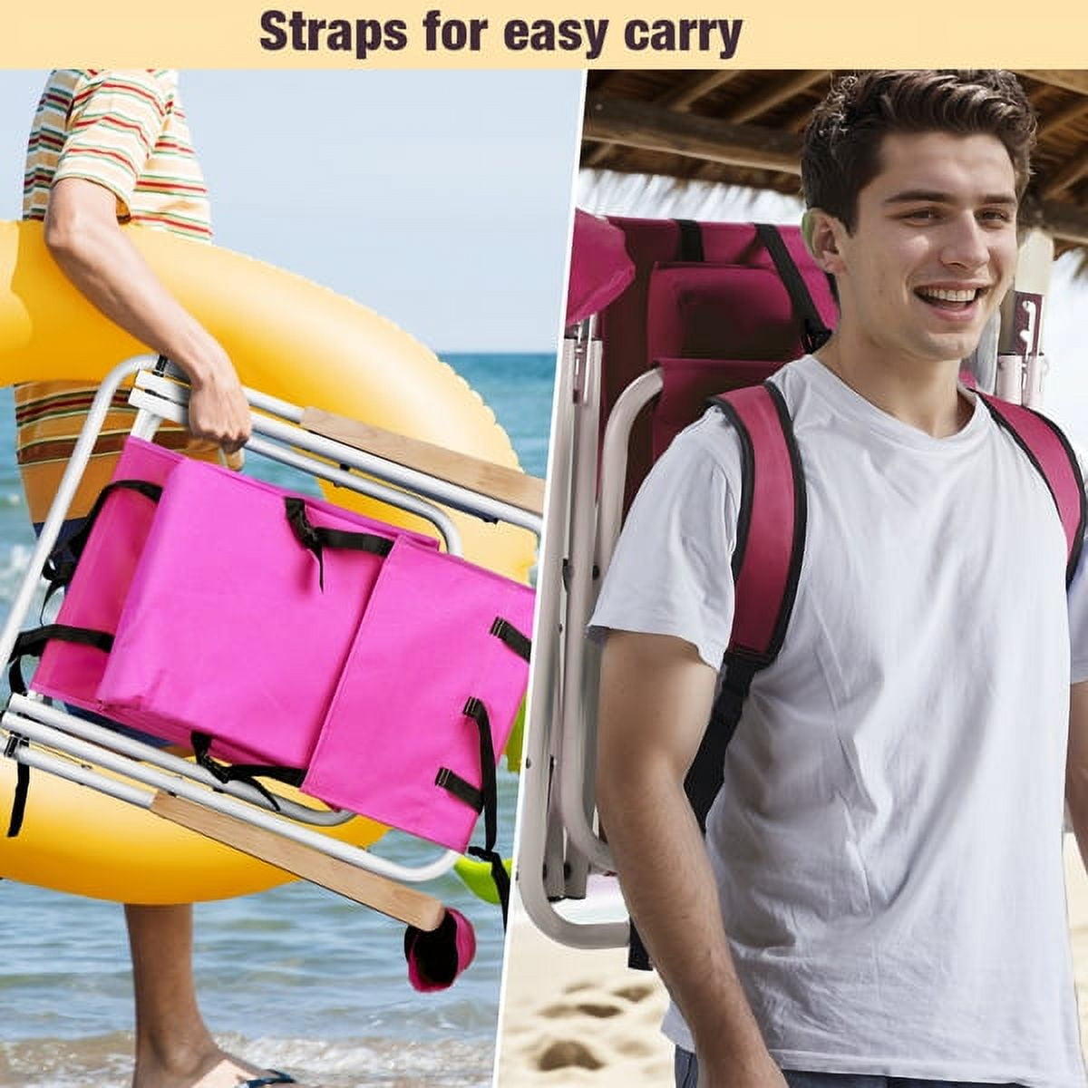 Geemuslly Folding Beach Chair (Pink, 26 in x 23 in x 2.7 in) 4-Position Reclining Portable Camping Lounge Chair with Headrest and Cup Holder c5273