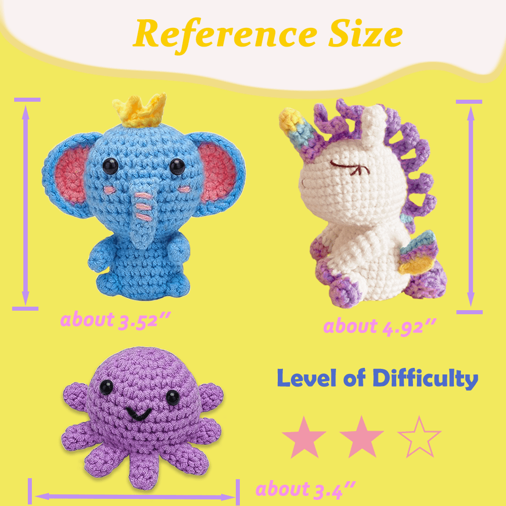 Yarniss Beginner Crochet Kit, DIY Animal Craft Set for Unicorn, Octopus, and Elephant (Multi-Color, 1 Pack) 1j3ni
