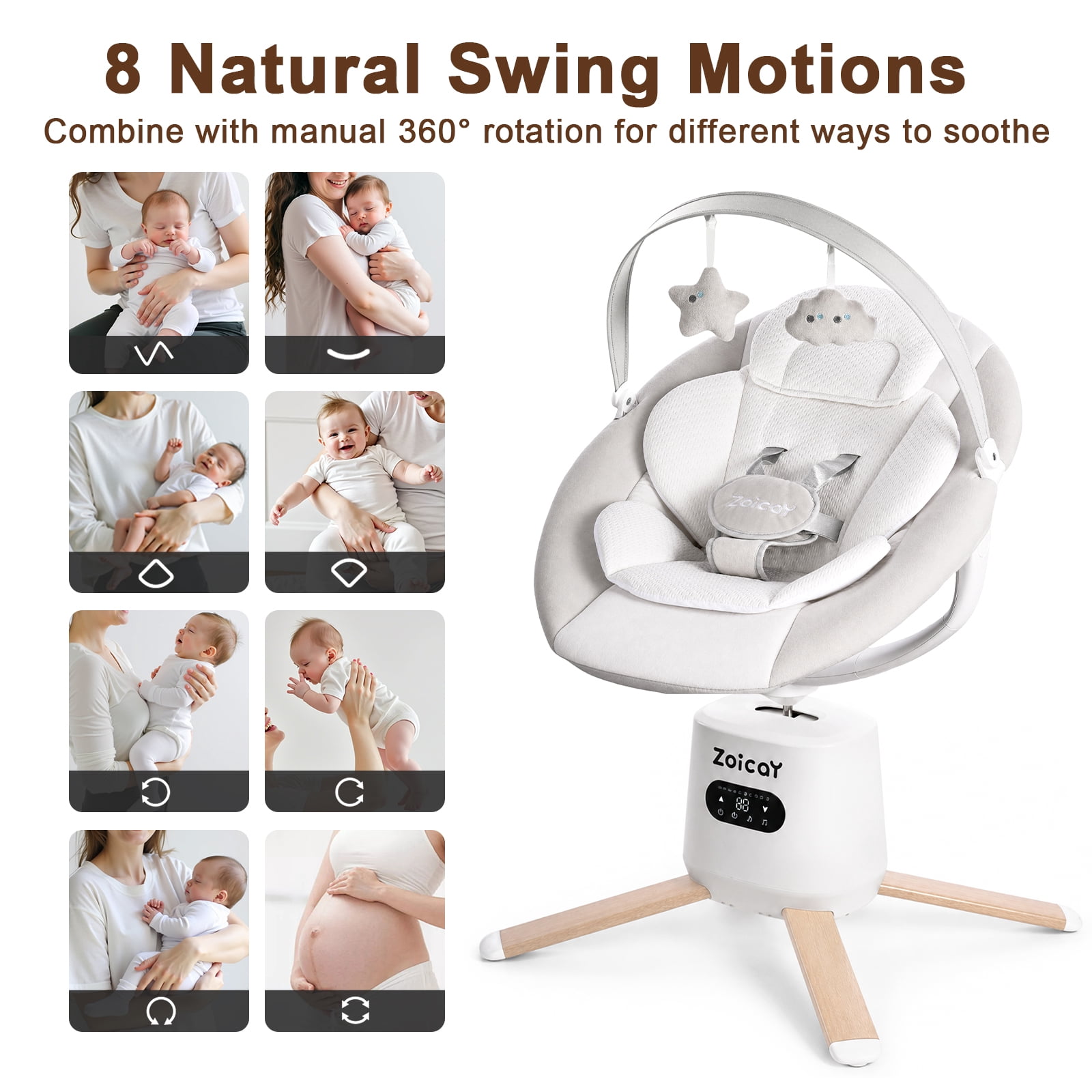 Zoicay Baby Swing, Infant Swing with 8 Motions & 8 Speeds, 360° Rotating Seat, Bluetooth Music & App Control (White, 25 lb Capacity) nq9jz