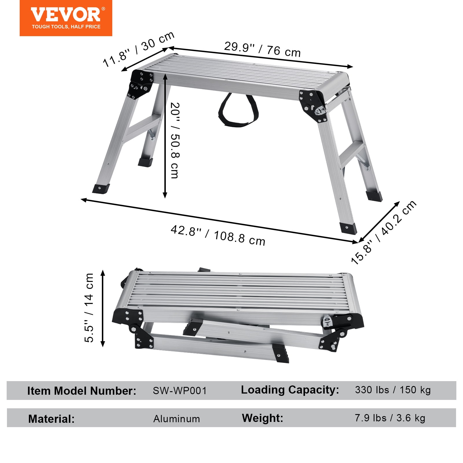 VEVOR Folding Work Platform, Aluminum Drywall Stool Ladder, Heavy-Duty Non-Slip Work Bench (Silver, 29.9 in x 11.8 in x 20 in) 829m9