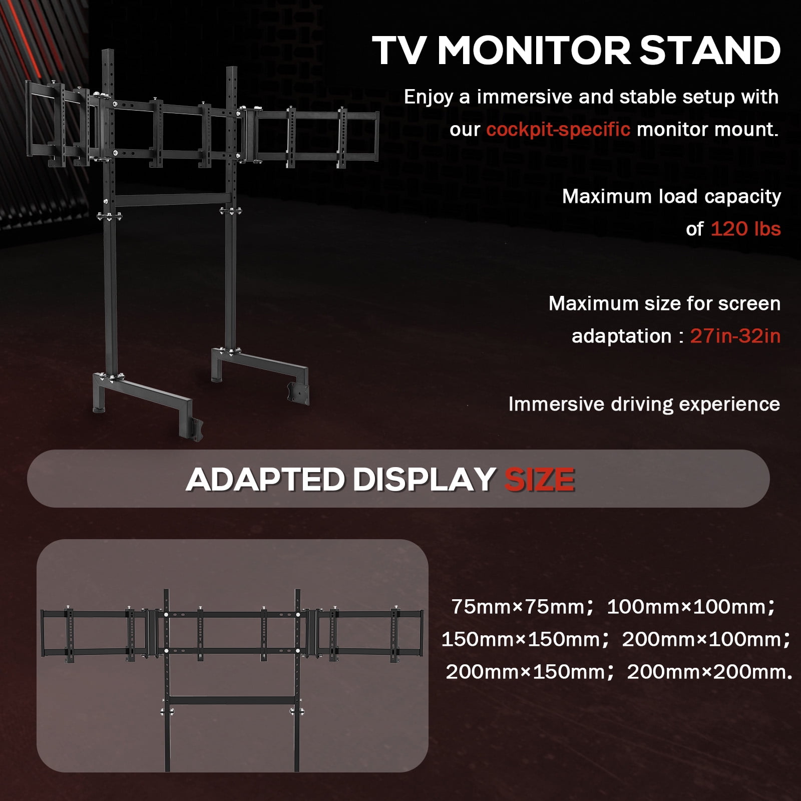 Supllueer Racing Simulator Cockpit with Triple Monitor Stand and Adjustable Seat (Black, 50 in x 24 in x 45 in) 5strn