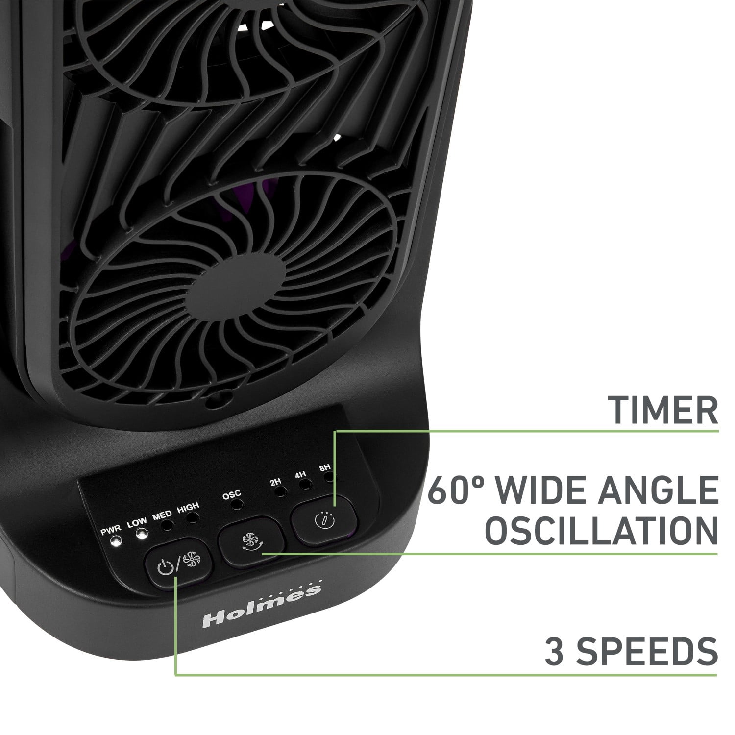 Holmes DuoBreeze Desk Fan with Dual Blade Technology, 3-Speed Settings, Adjustable Tilt and Oscillation (Black, 13 in) w9rjj