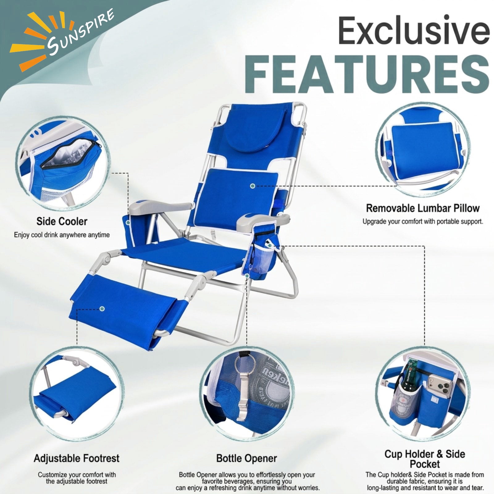 SUNSPIRE 3-in-1 Reclining Beach Chair with Face Hole and Cooler Bag (Blue, 14.6 in Seat Height) mgc0z