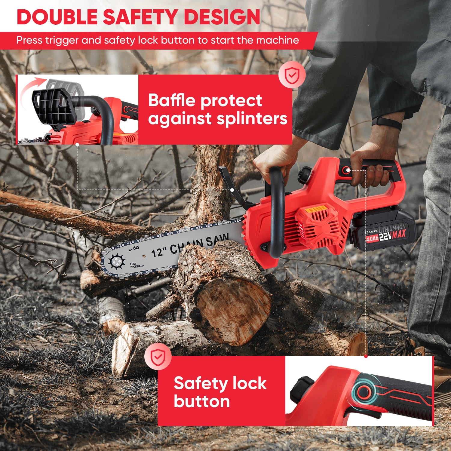 Saker 12 in 22V 4.0Ah Cordless Electric Chainsaw, Auto-Tension, LED Power Display (12 in) zxyz3
