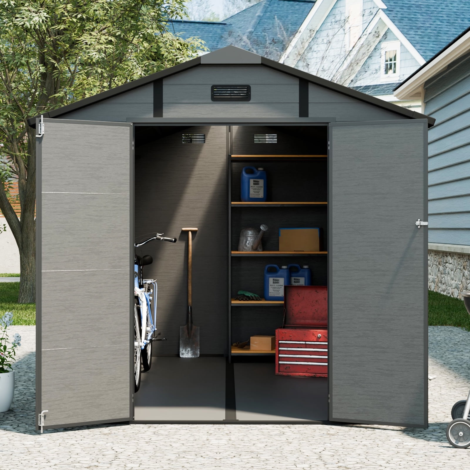 HomeMindful Large Outdoor Storage Shed, Weather-Resistant Resin Tool Shed with Floor, Skylight, and Lockable Double Doors (Dark Gray, 8x10 ft) px7hx