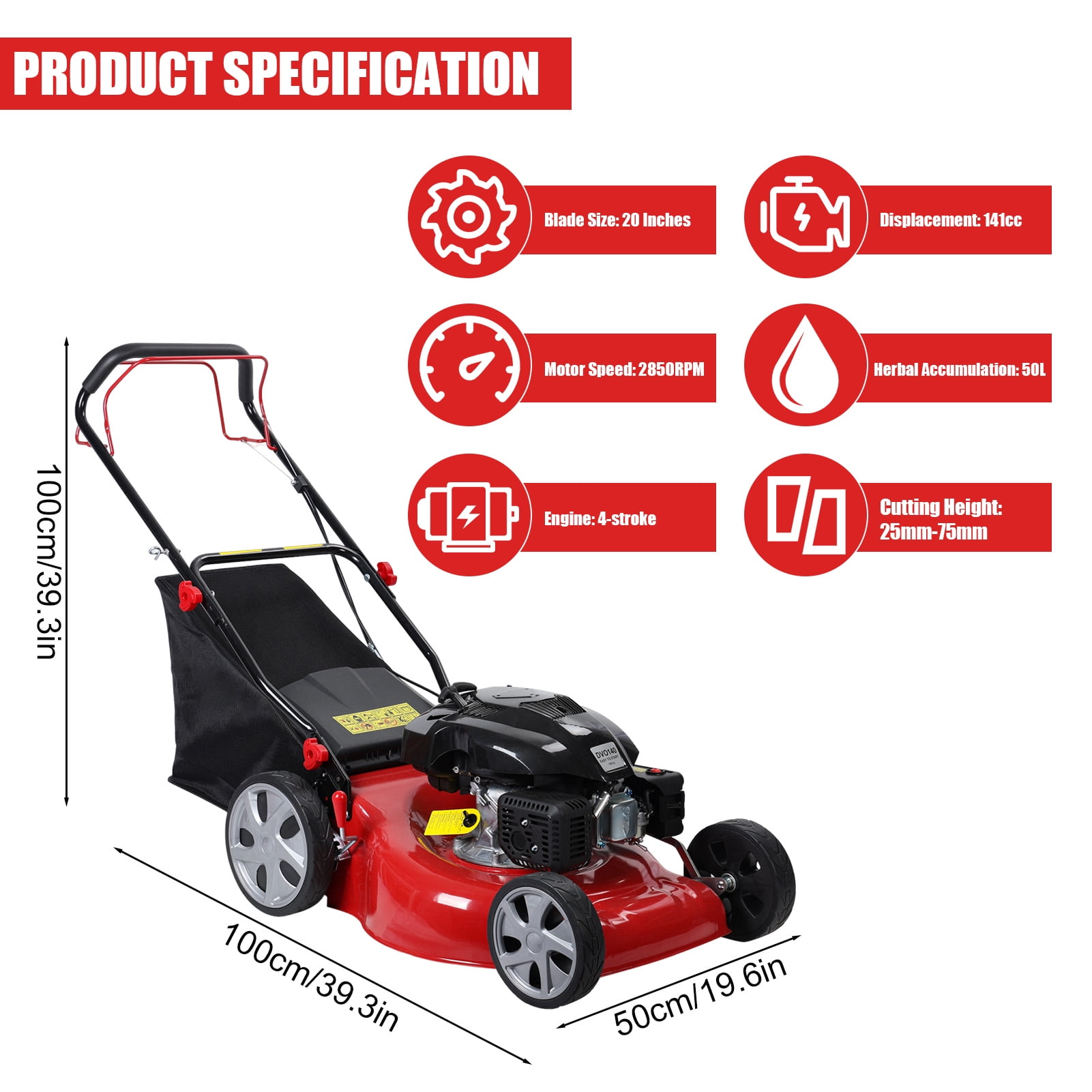 Cixusio 141cc Self-Propelled Gas Lawn Mower with 20-inch Cutting Deck (Red, 13.2 gal Grass Collection) vor89