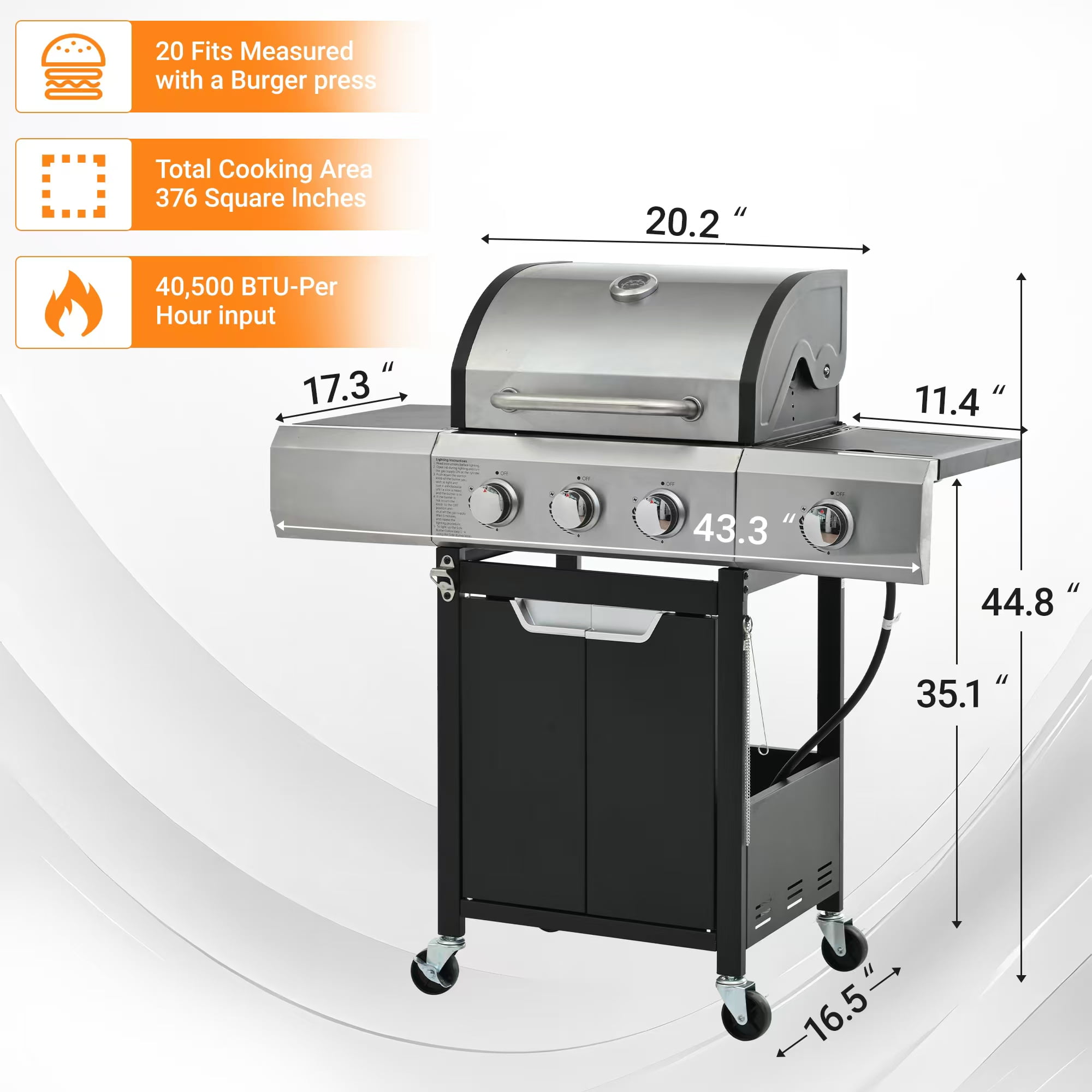 Syngar 3-Burner Propane Gas Grill with Side Burner, 40,500 BTU Outdoor BBQ Grill, Stainless Steel Construction (Silver, 287 sq.in. Cooking Area) wjg2k
