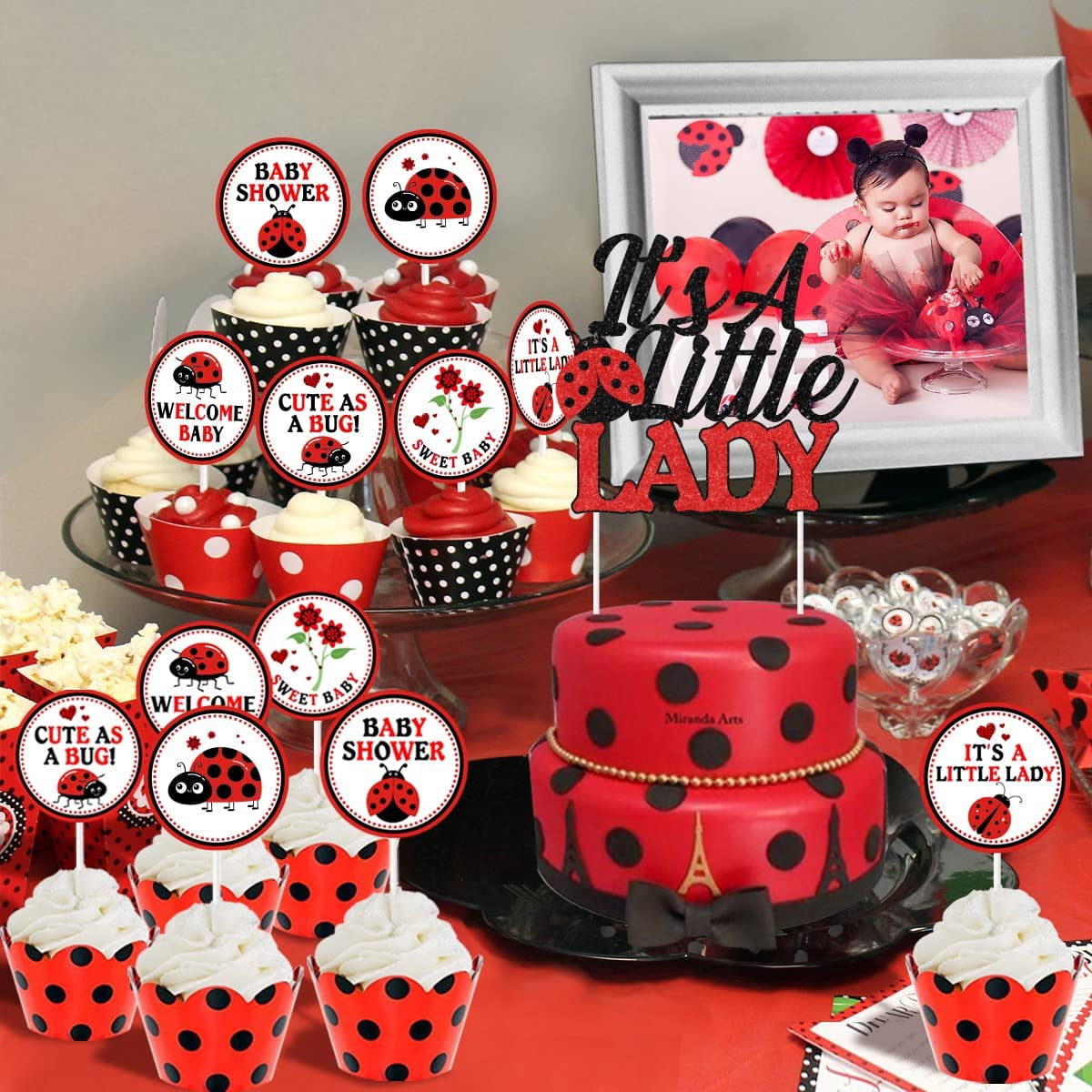 Cheereveal Ladybug Cake Topper Set for Baby Shower and Birthday Party (Red, 25 Pieces) 6zcho
