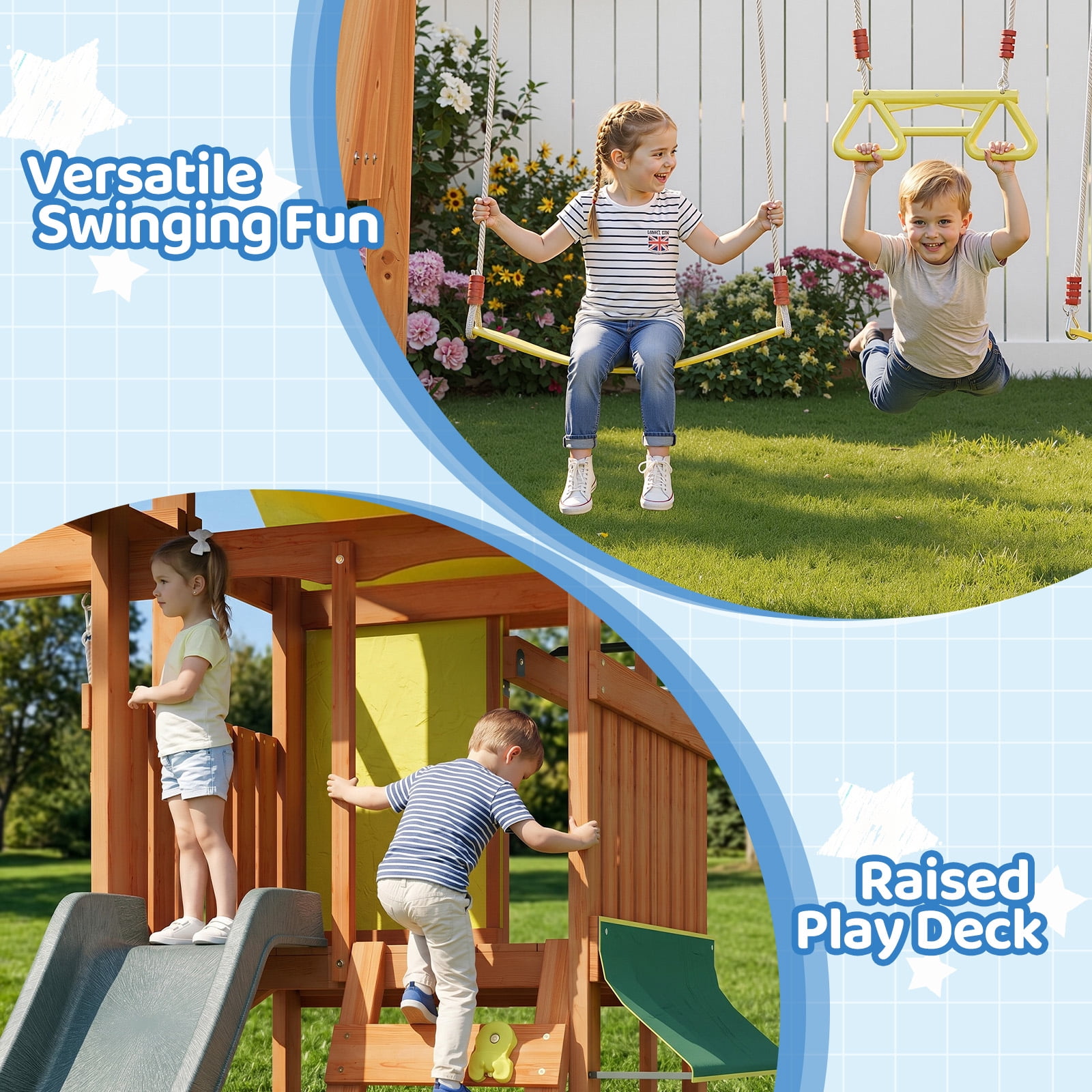 SunSwell Wooden Swing Set for Backyard with 8 ft Wave Slide, Monkey Bars, and Rock Wall (Green) rp4jk
