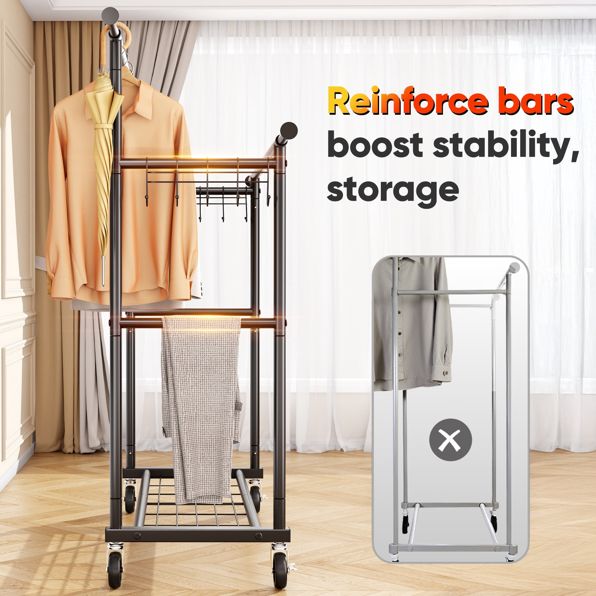 HOKEEPER Heavy Duty Double Rail Garment Rack with Shelves, Adjustable Rolling Clothes Organizer (Black, 450 lb Capacity) 00sgg