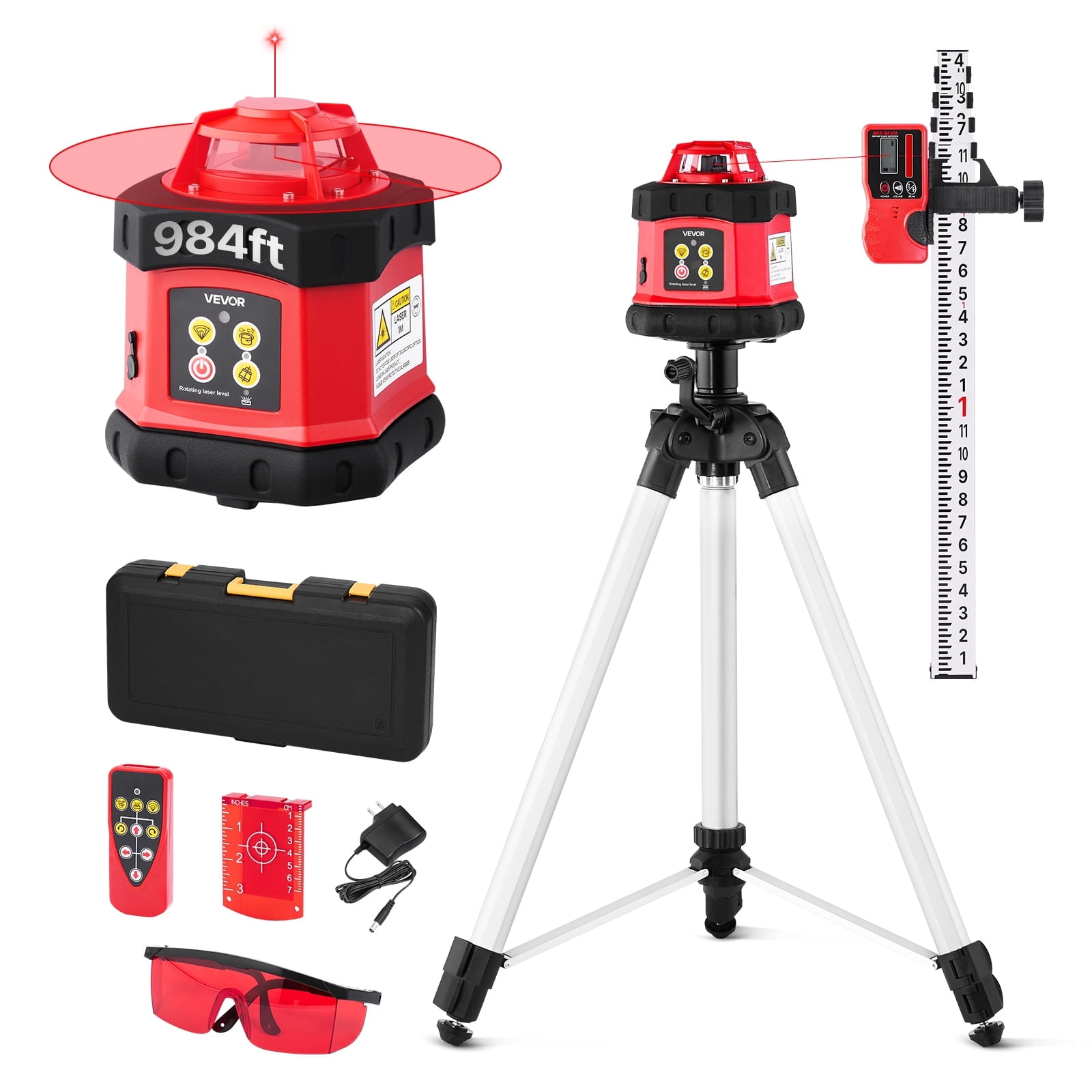 VEVOR Rotary Laser Level Kit, 360-Degree Self-Leveling Red Laser Transit with Tripod and Receiver (984 ft Range) ze8c6