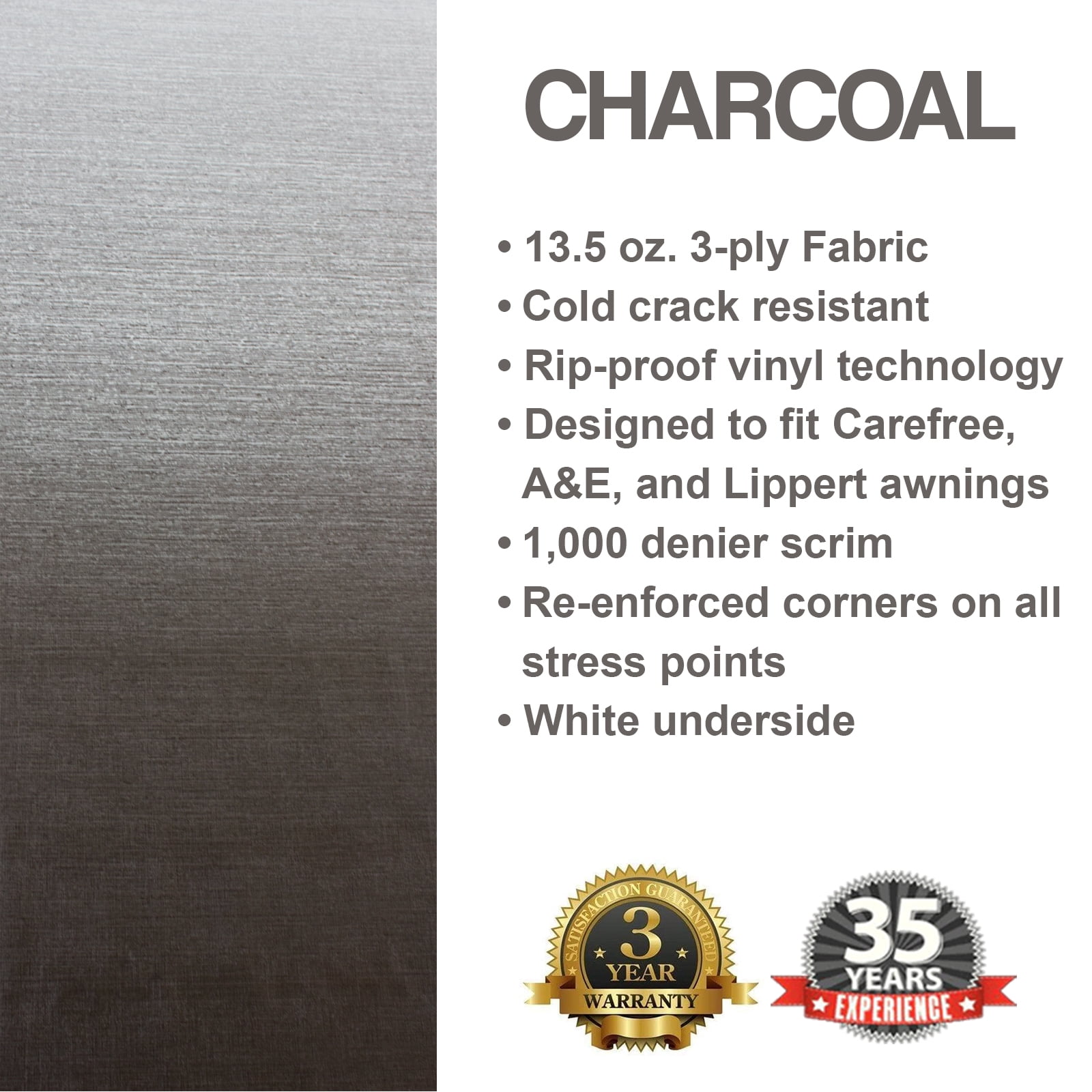 ShadePro RV Awning Fabric Replacement Premium Vinyl (Charcoal Fade, 18 ft) livnf