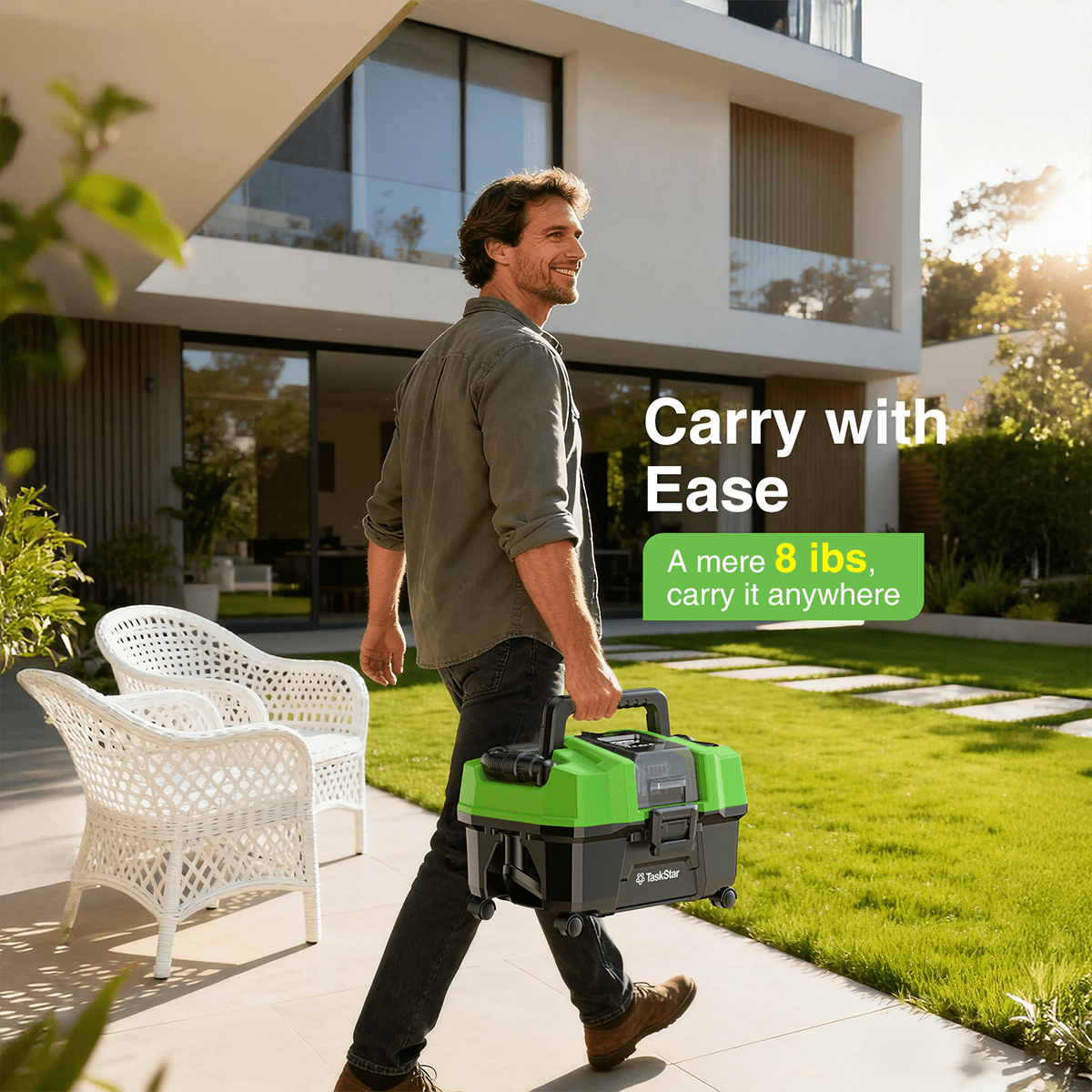TaskStar Cordless Wet Dry Shop Vacuum with Blower, Brushless Motor, 2 Batteries, Portable Shoulder Strap (Green, 2.6 gal) hcs8i