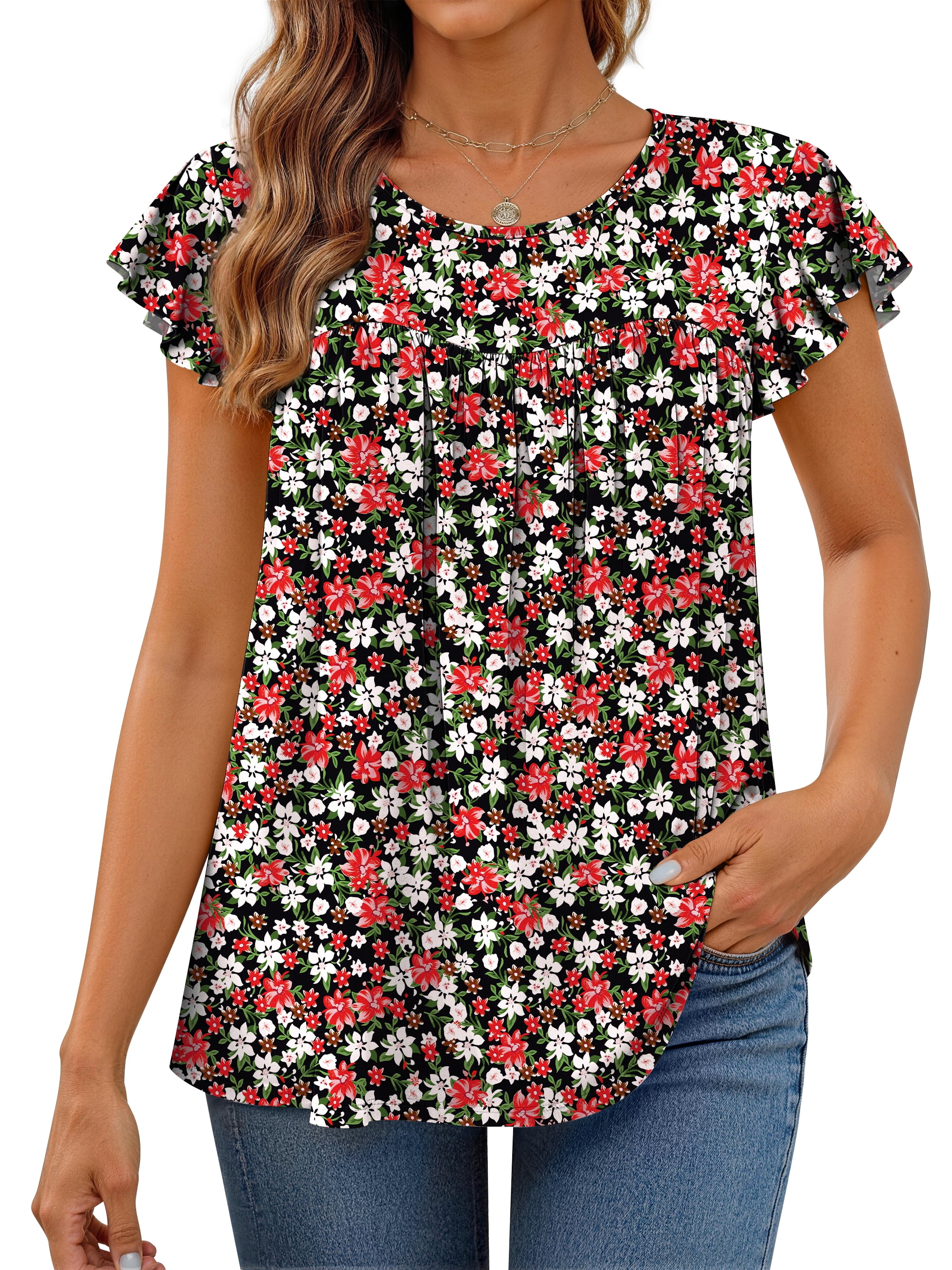 Fantaslook Womens Floral Blouse Dressy Casual Pleated Tunic Top Ruffle Sleeve (White, L) 0h5c7