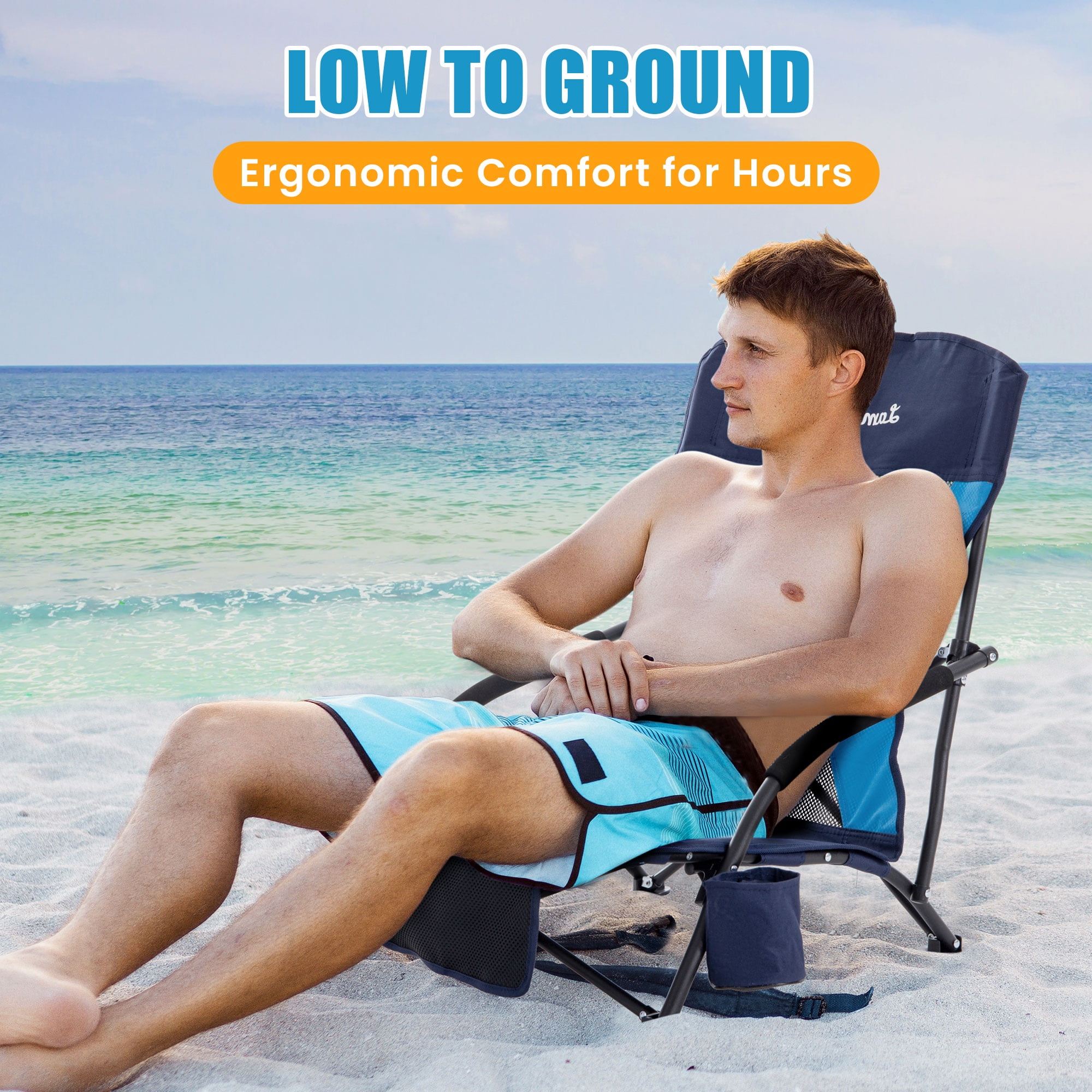 HoneiLife Low Folding Beach Chair, Portable Lightweight Outdoor Lawn Seat with Cup Holder and Carry Bag (Navy Blue, 300 lb Capacity) acpat
