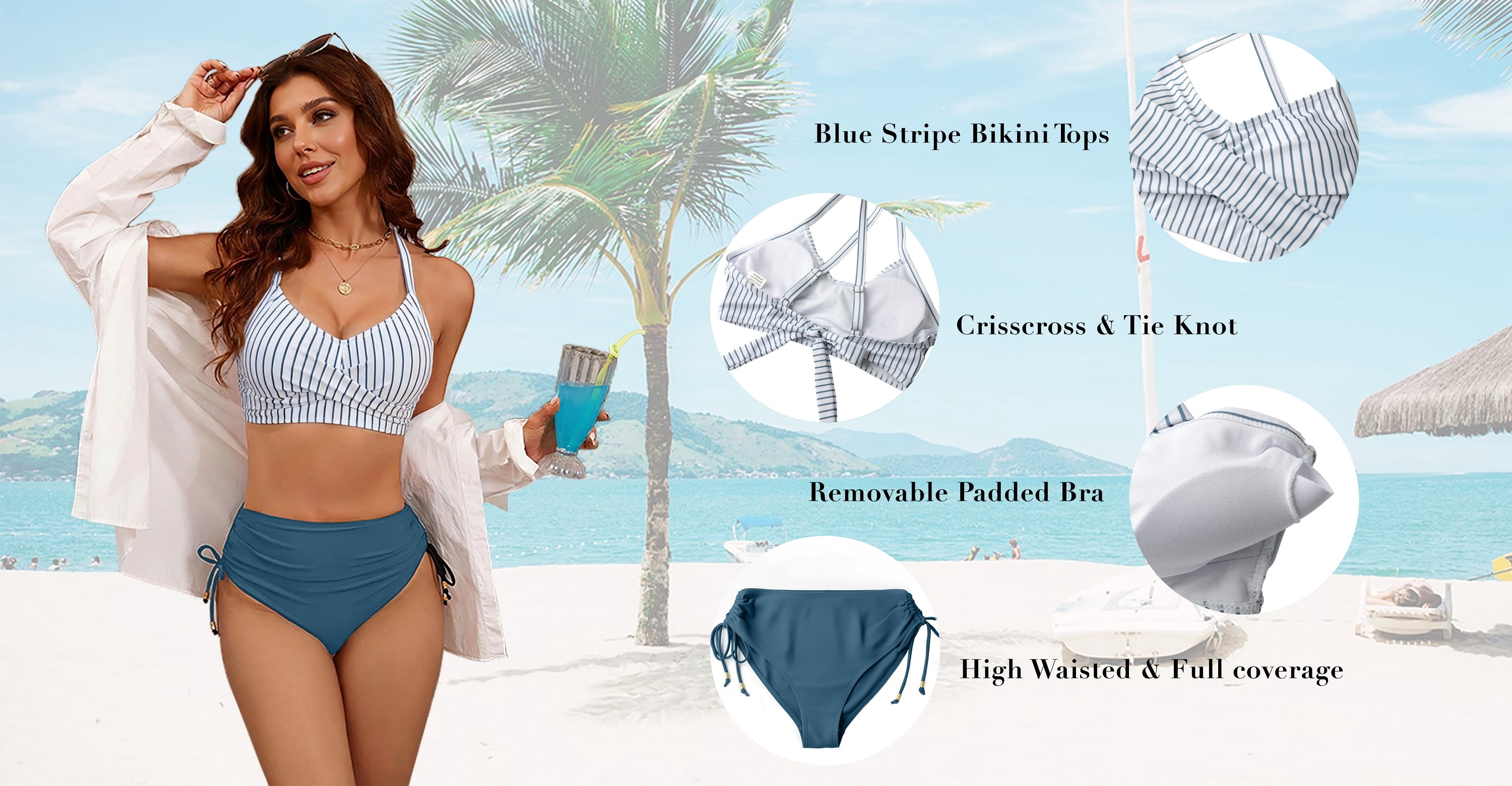 Rosvigor Women's High Waisted Bikini Set Color Block Two Piece Swimsuit (Blue, Medium) bl1xg