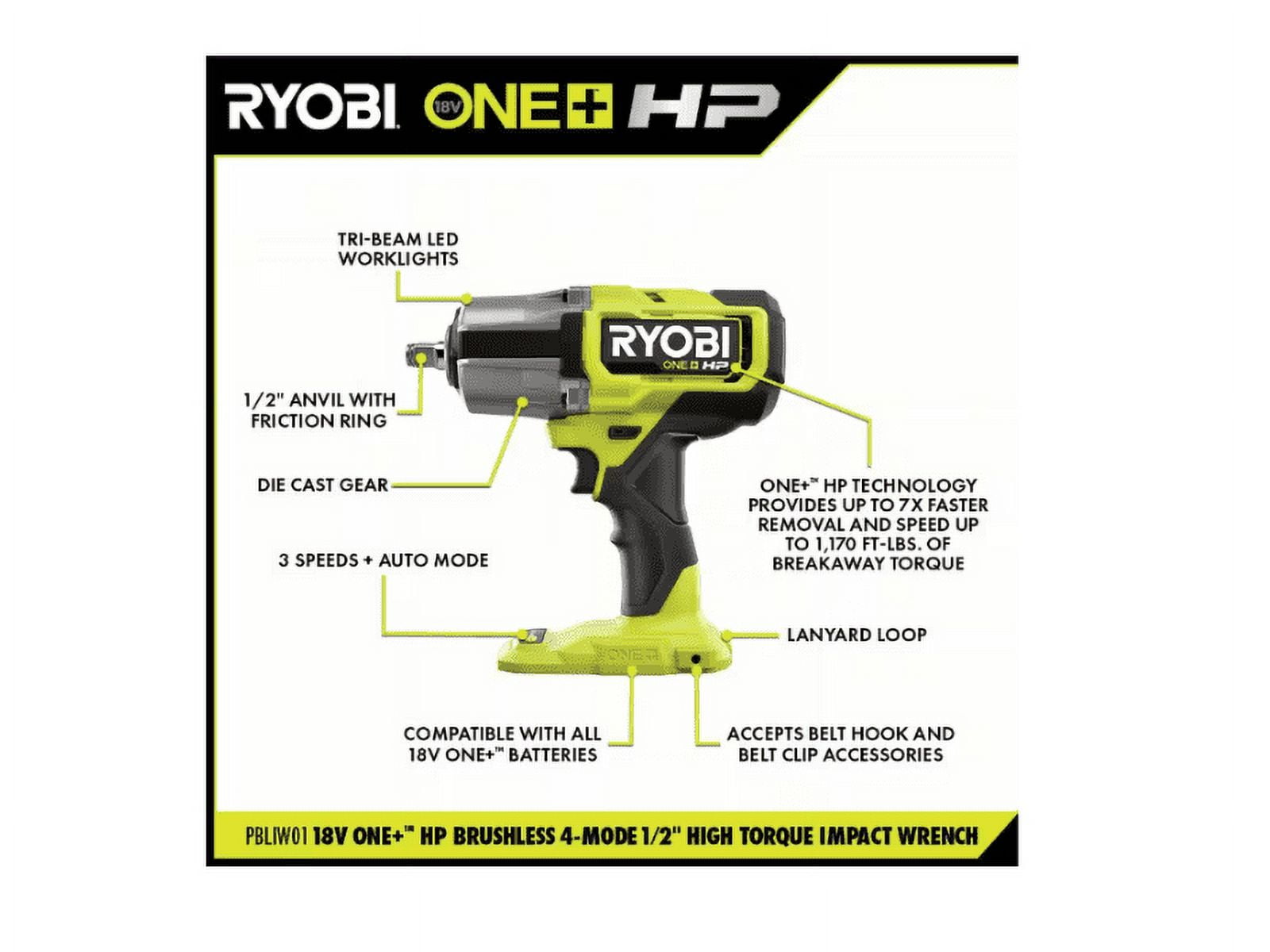 Ryobi ONE+ 18V Brushless Cordless 4-Mode 1/2 in. High Torque Impact Wrench Kit (Green, 4.0 Ah Battery and Charger) b40fi