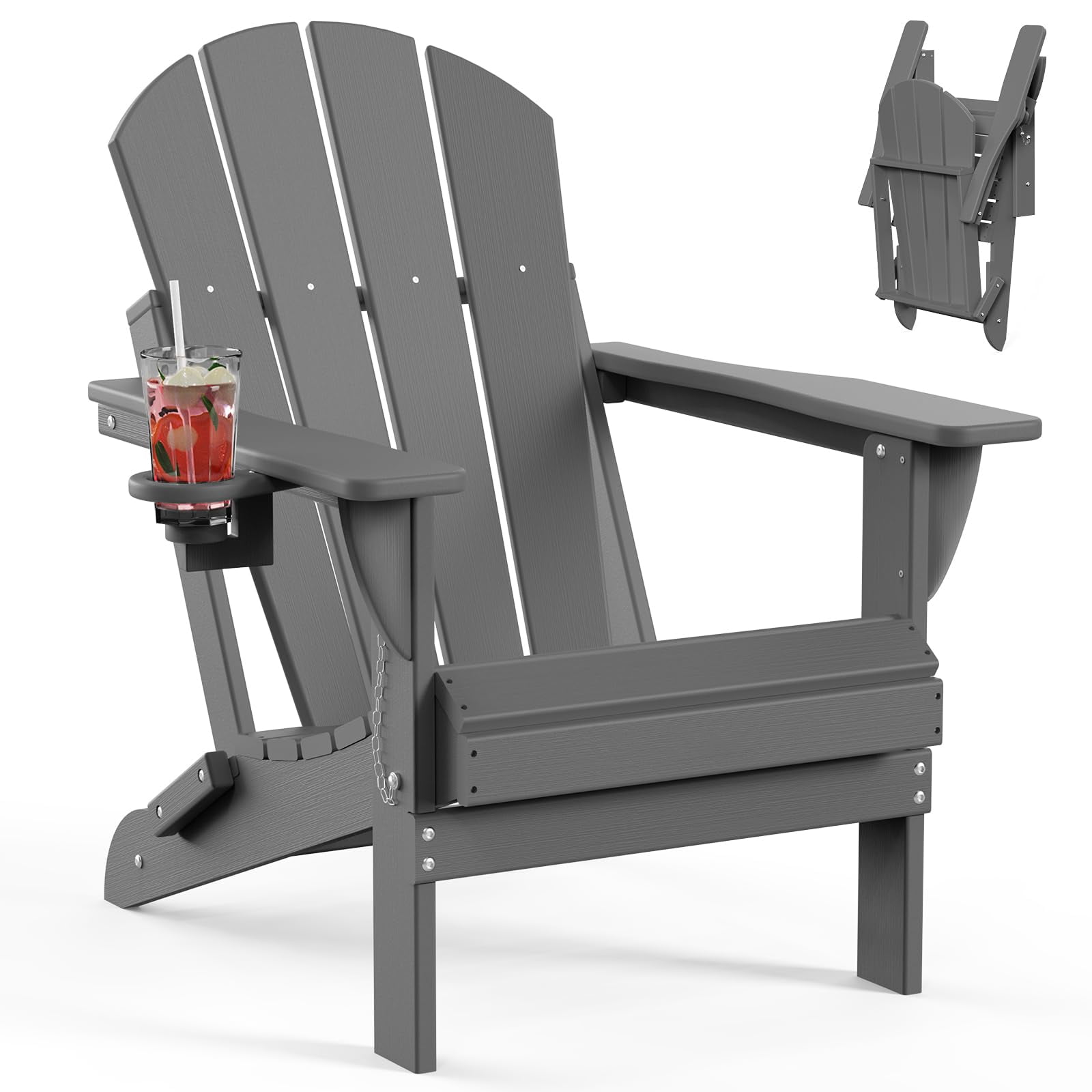 Tappio Foldable HDPE Adirondack Chair, All-Weather Outdoor Patio Seat with Cup Holder (Gray, 380 lb Capacity) ee82i