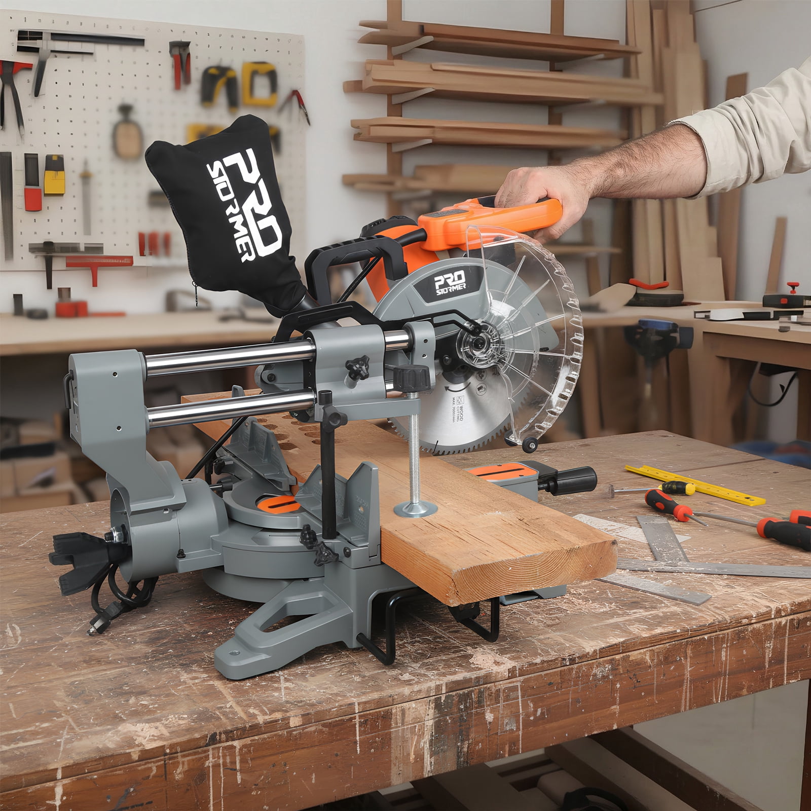 Prostormer 10-Inch Double Bevel Compound Miter Saw, 15A 5000RPM Power Tool with LED Shadow Line and Expansion Table (Silver, 10 in) 90e8c