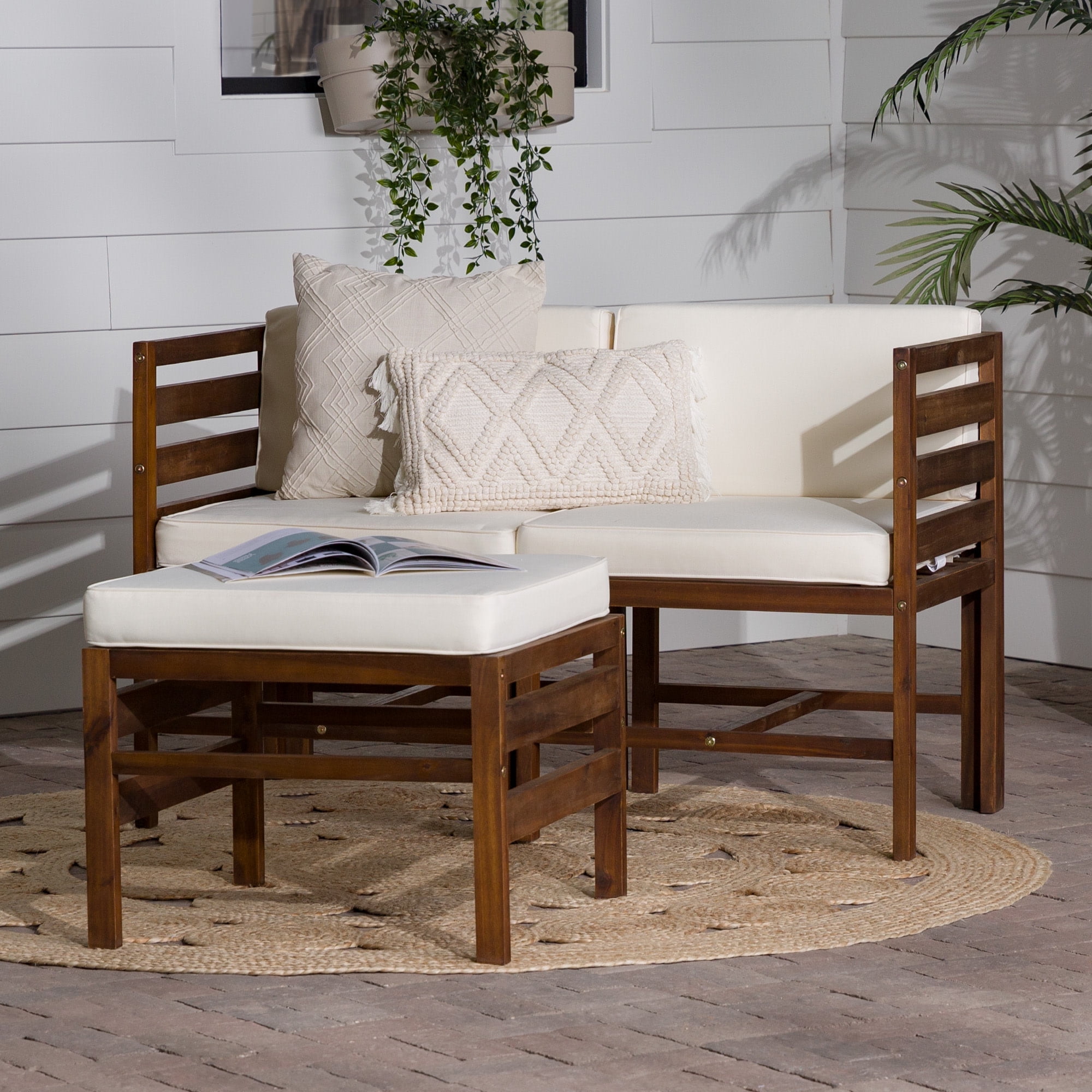 Walker Edison Modular Outdoor Acacia Wood Patio Chair and Ottoman Set (Dark Brown, 3 Piece) lckzh