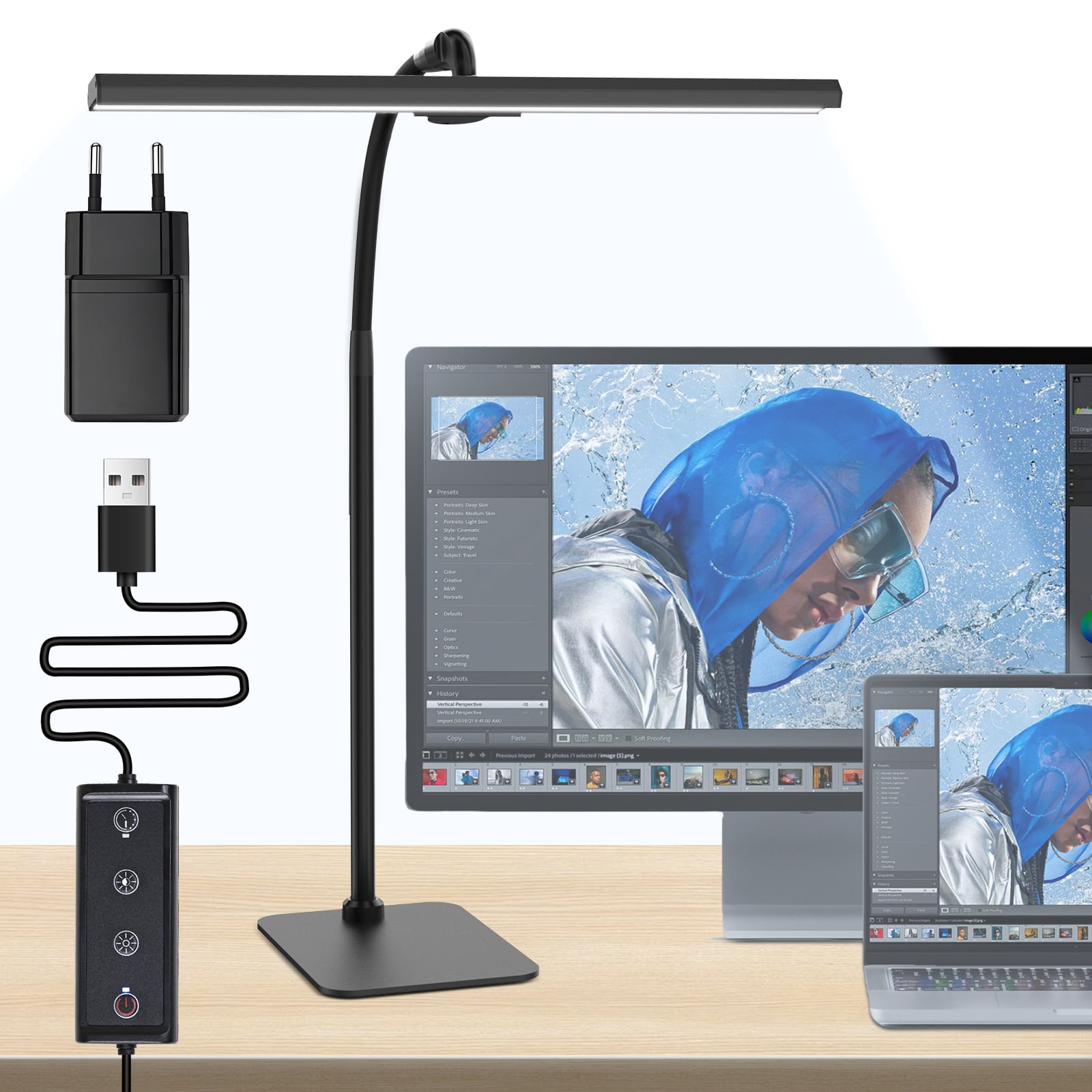 Lococo LED Desk Lamp, Tall Gooseneck, 5-Level Dimmable Brightness & Color for Home Office (14-24.4 in) 46lk1