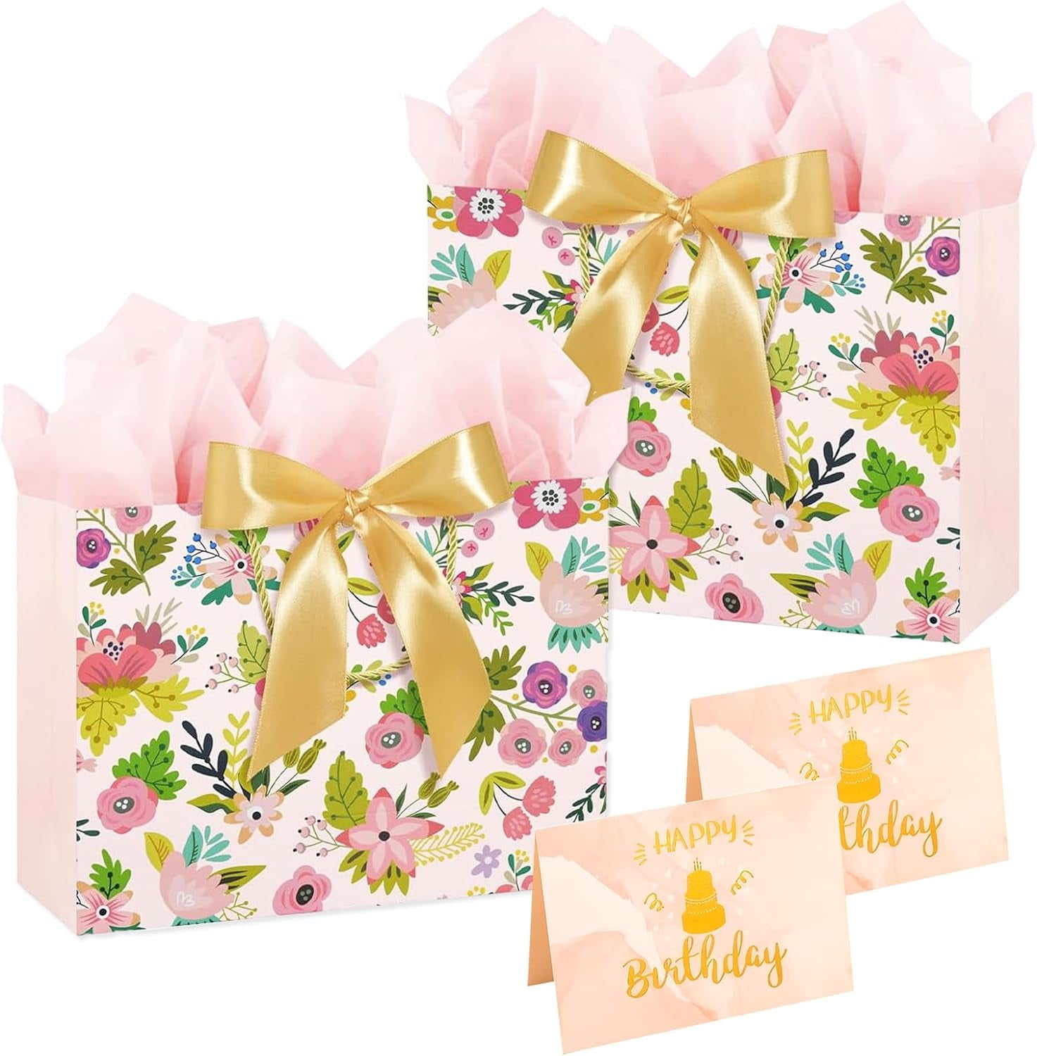 LW Pink Birthday Gift Bag Set with Tissue Paper and Greeting Cards (Floral Design, Medium, 2 Pack) 45zc4