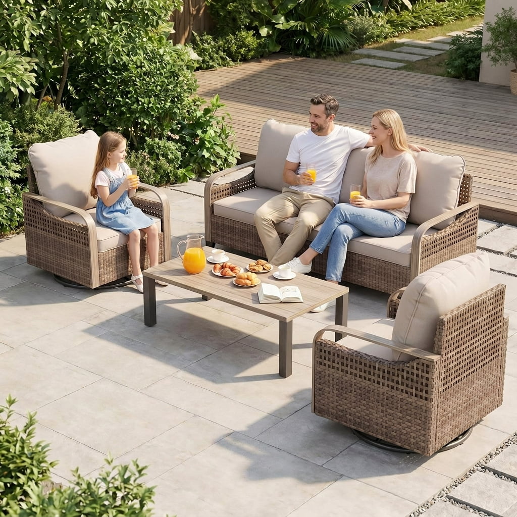 Poteban Outdoor Patio Wicker Furniture Set (Beige, 6-Piece Set) 255q0