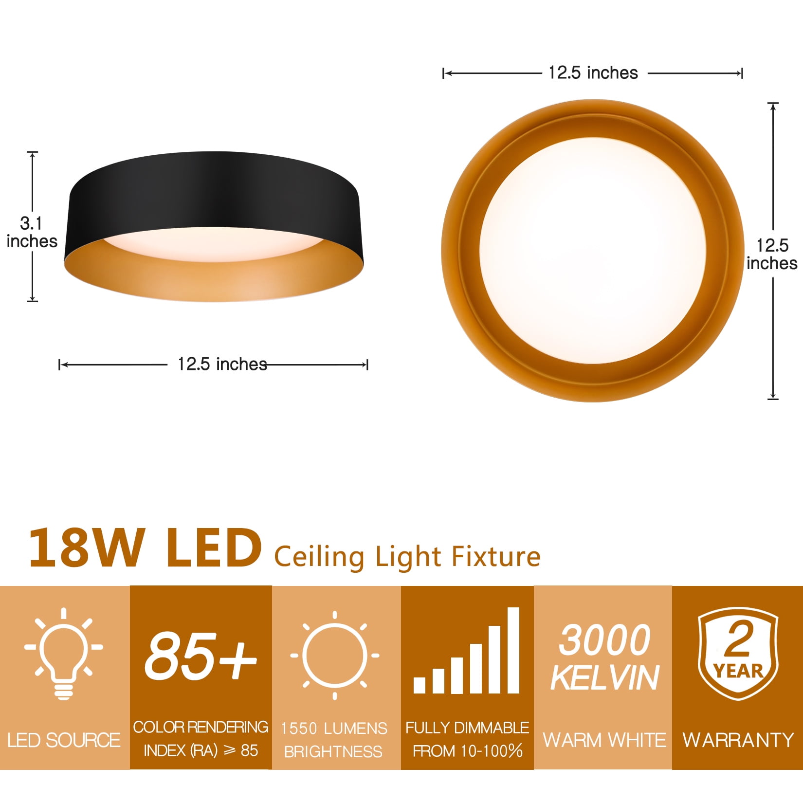 BESTOMINE LED Flush Mount Ceiling Light, Modern Dimmable Fixture for Bedroom and Hallway (Matte Black and Gold, 12.5 in) f7oba