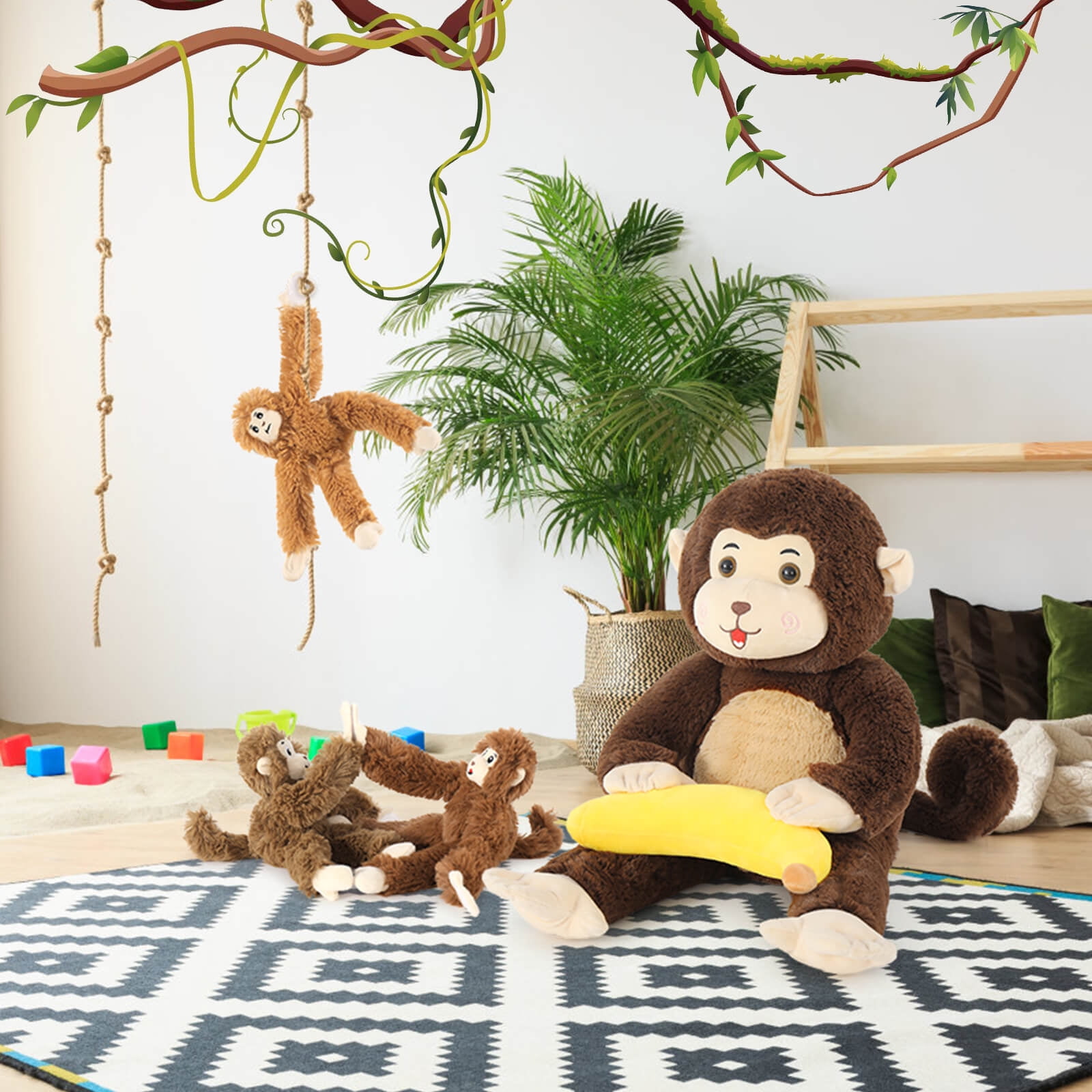 MaoGoLan Monkey Mommy Stuffed Animal Set with 3 Baby Monkeys and 1 Banana Plush Toy (Brown, 25.6 in) lcchm