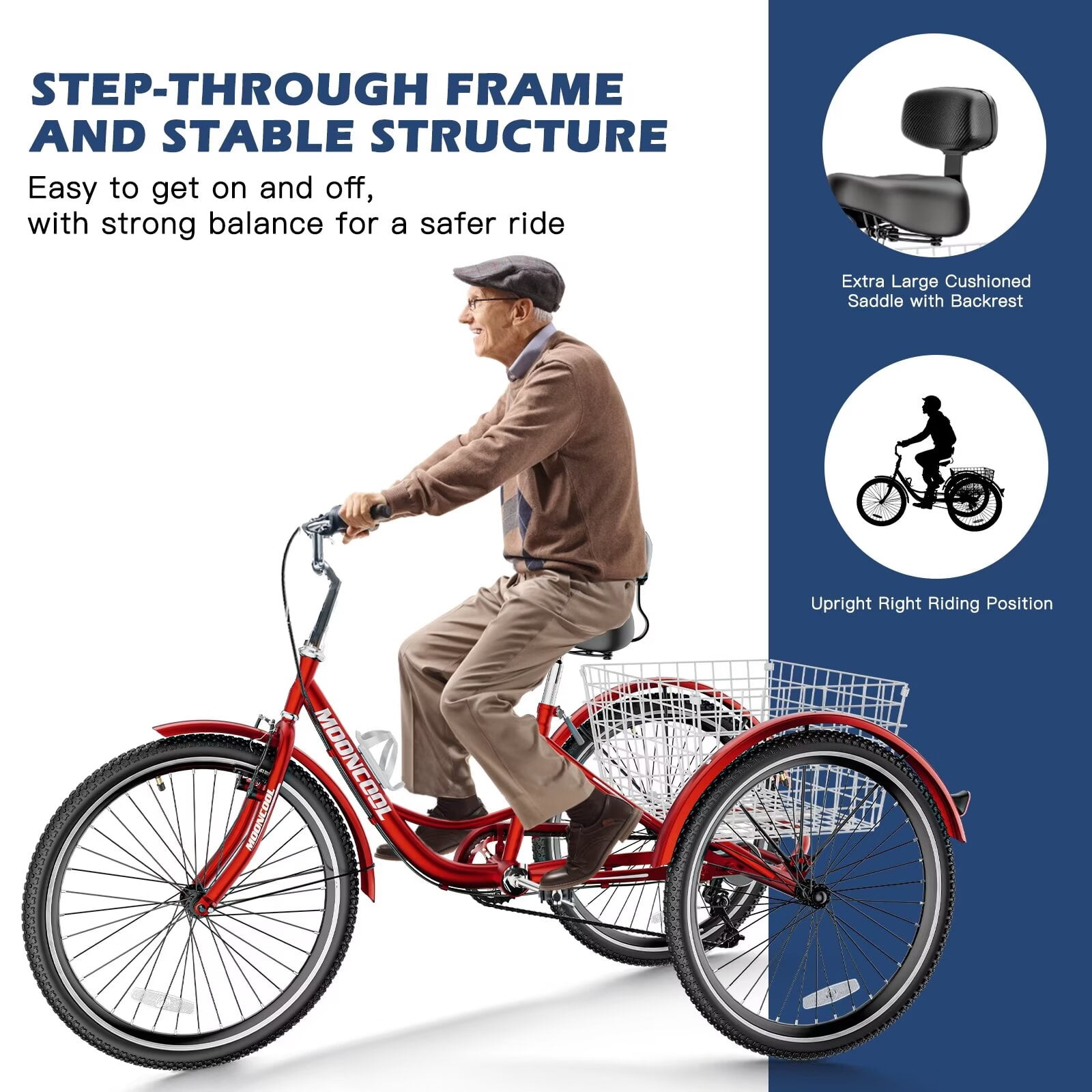MOPHOTO 7-Speed Adult Tricycle, Low-Step Through Frame 3-Wheel Bike with Large Cargo Basket (Red, 26 in) f31w2