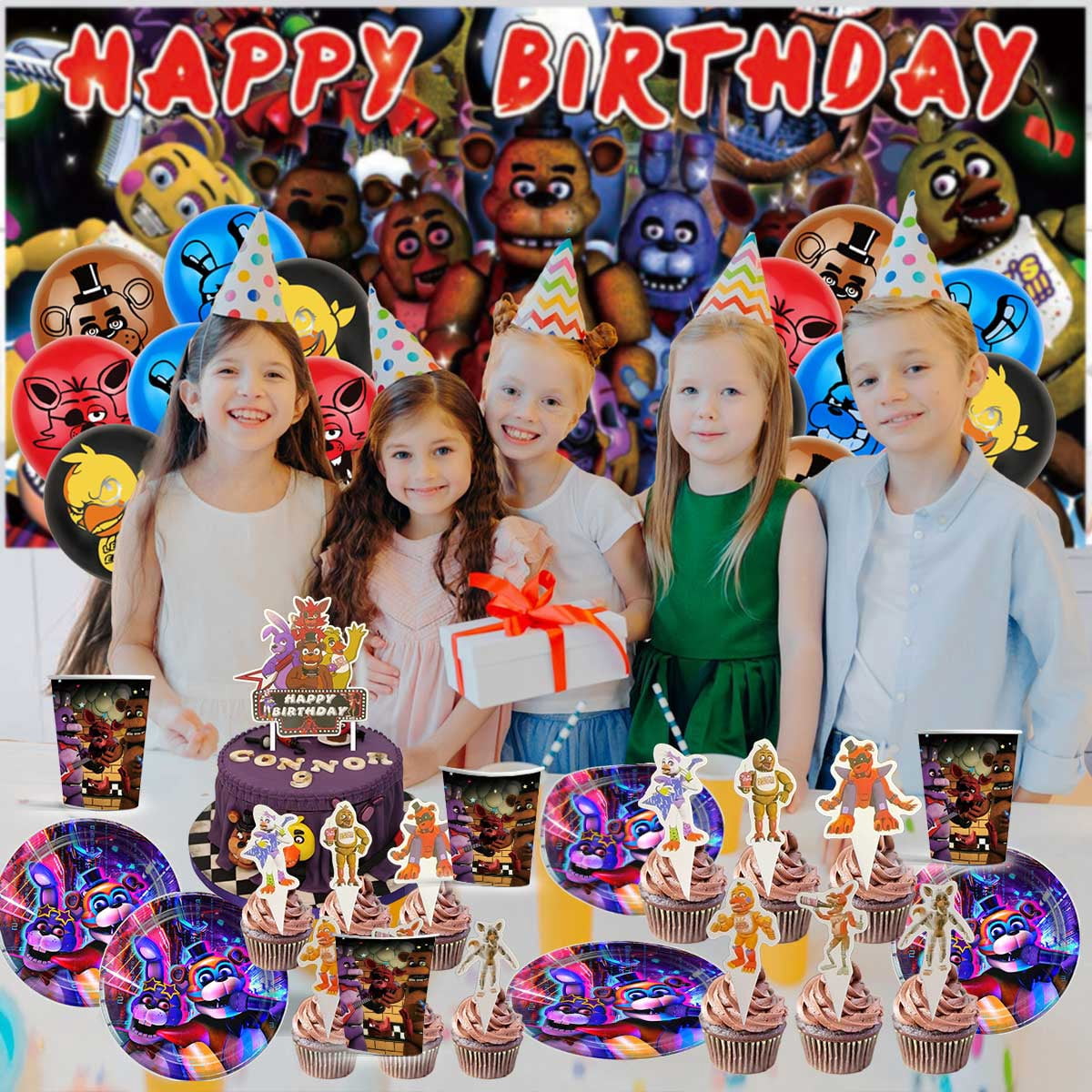 Jiaweribo Five Nights at Freddy's Birthday Party Supplies Set with Backdrop and Tableware (Multi-color, 1 Set) u0u91