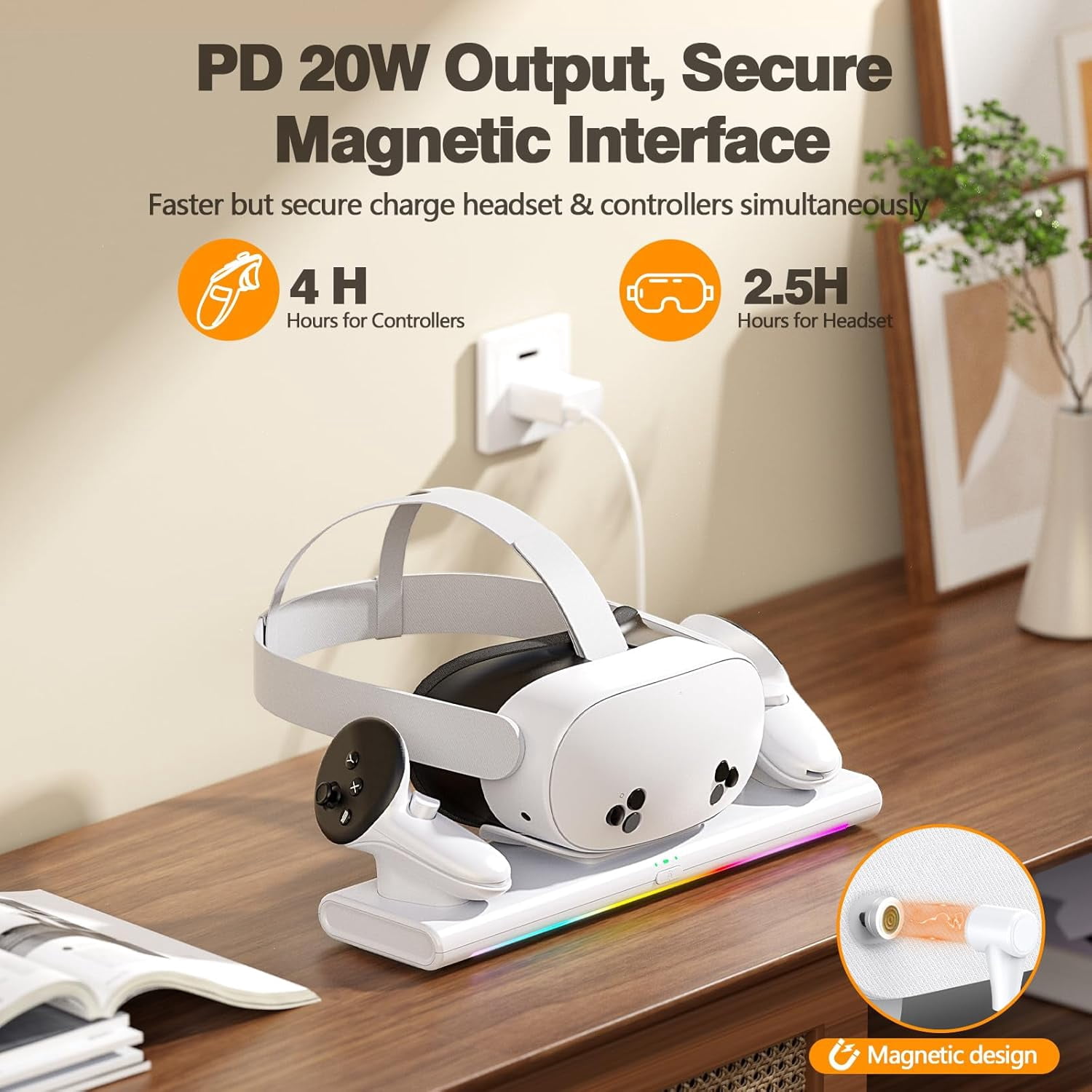 Prociv VR Charging Dock for Meta Quest 3S/3/2, Magnetic Fast Charging Station with RGB Light (White, 1 Pack) k1a4j