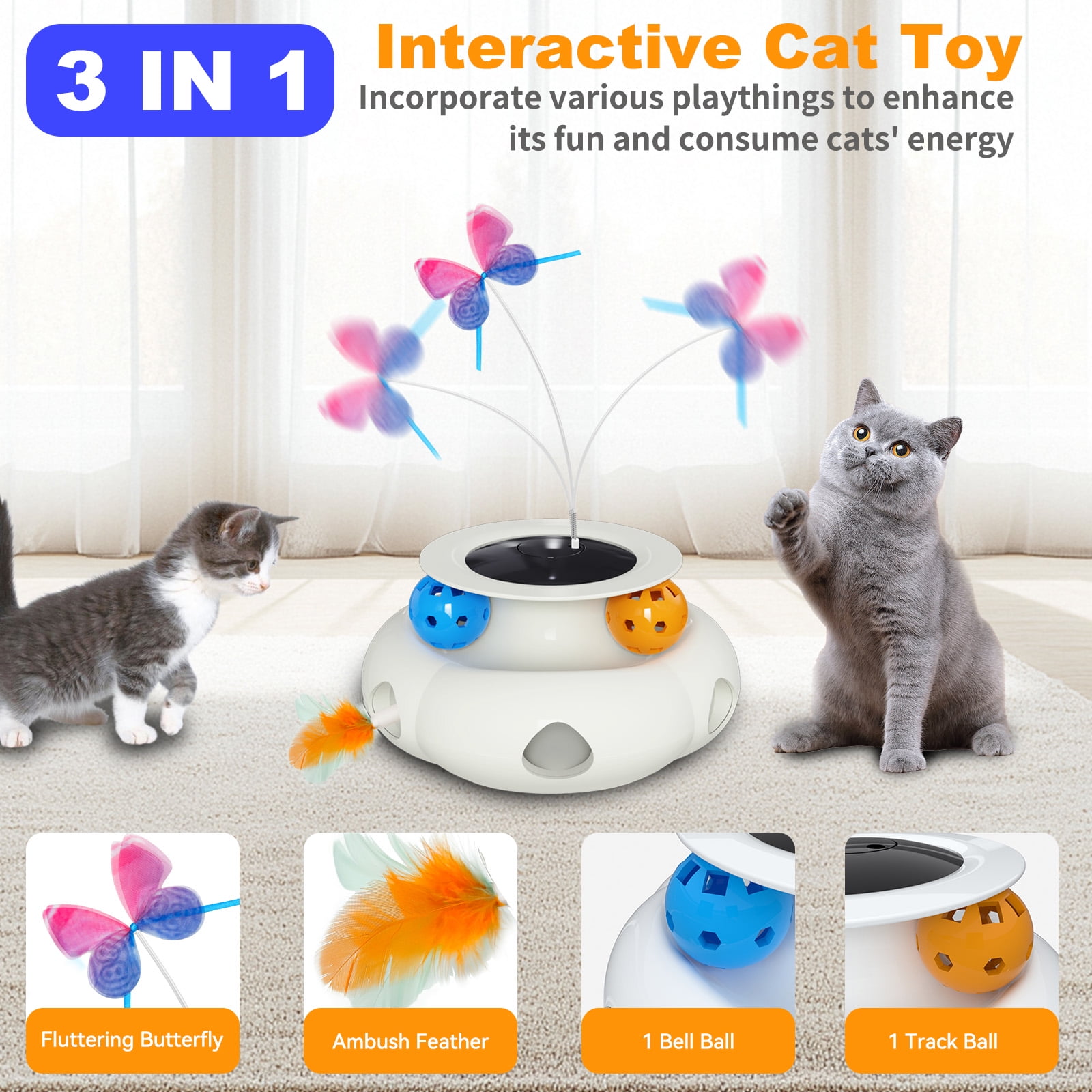 UniMaxLink Electric Interactive Cat Toy, Automatic Rotating Butterfly Feather Wand with USB Rechargeable Battery (White) mp0r1